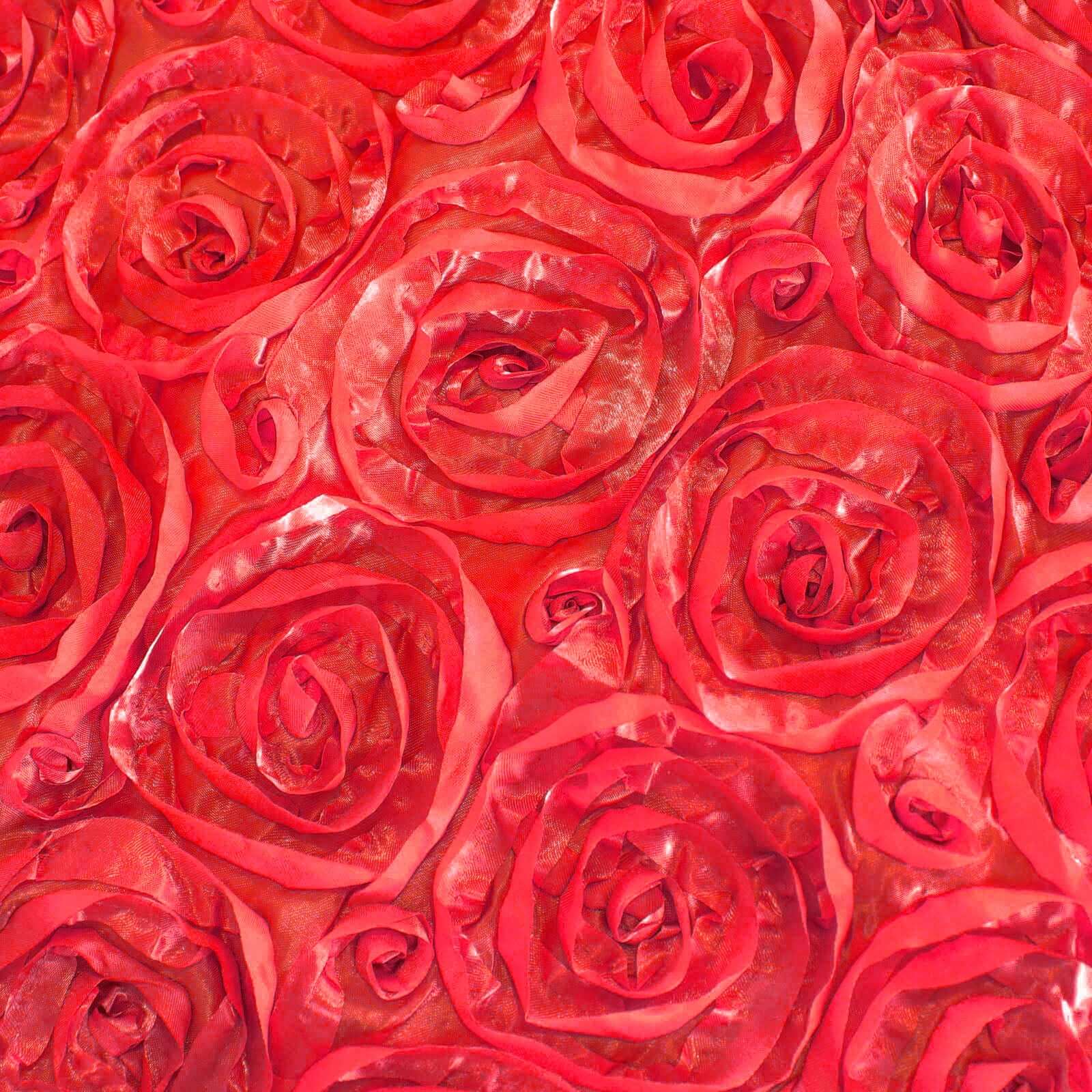 Satin 120" Round Tablecloth Red - Grandiose 3D Rosette with Seamless Finish Table Cover