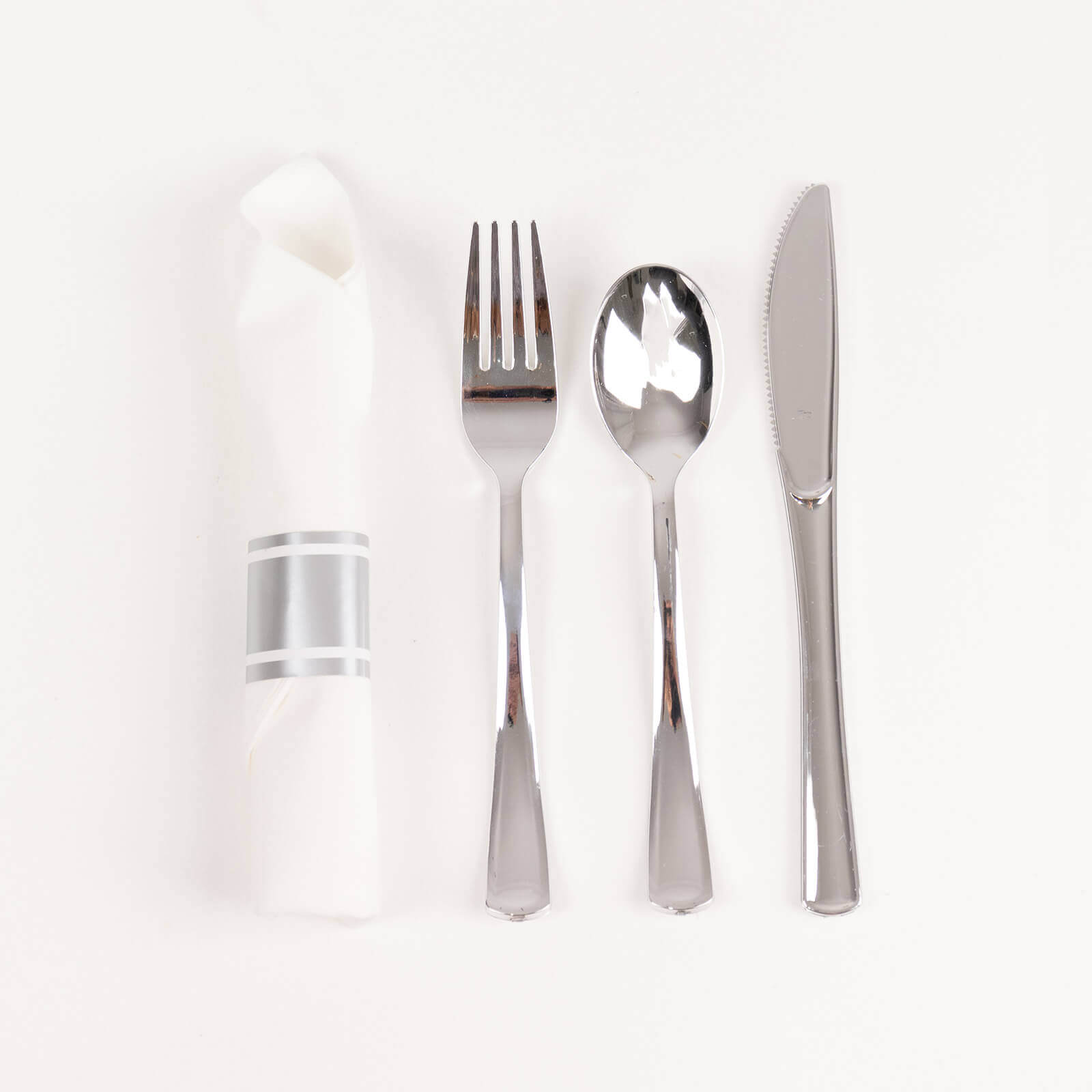 Set of 24 Silver Plastic Silverware with Pre-Rolled White Paper Napkins - Disposable Wrapped Fork, Spoon, and Knife Set