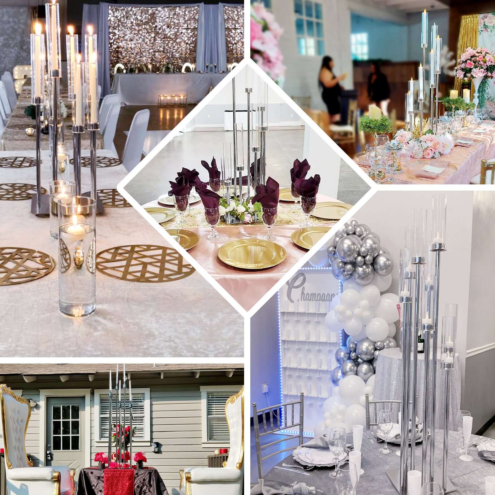 8 Arm Cluster Taper Candle Holder Silver - Stunning Large Candle Arragement With Clear Glass Shades for Grand Banquets & Celebrations 42"