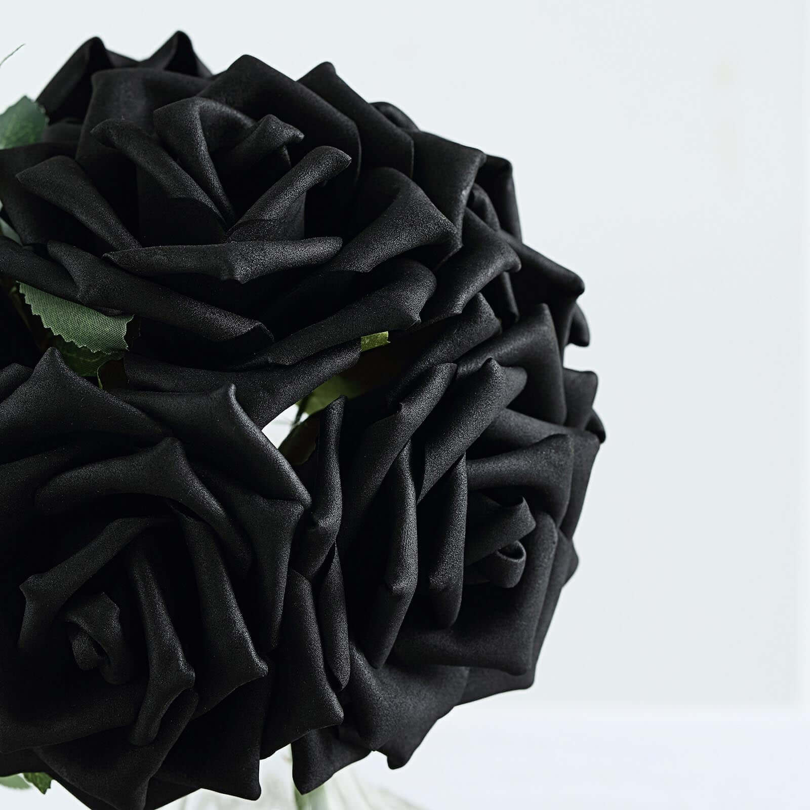 24 Roses 5" Black Artificial Foam Flowers With Stem Wire and Leaves
