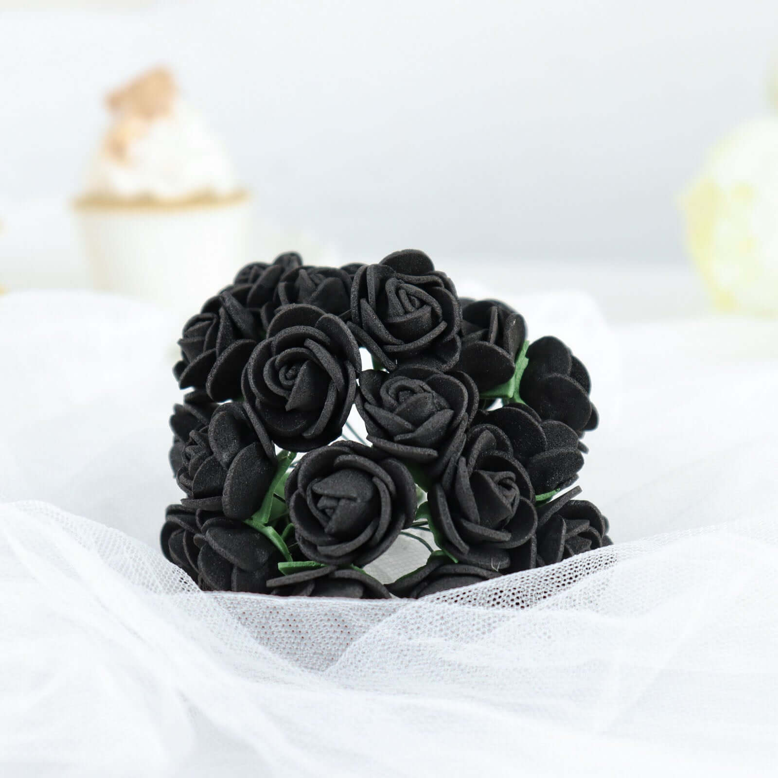 48 Roses 1" Black Real Touch Artificial DIY Foam Rose Flowers With Stem, Craft Rose Buds