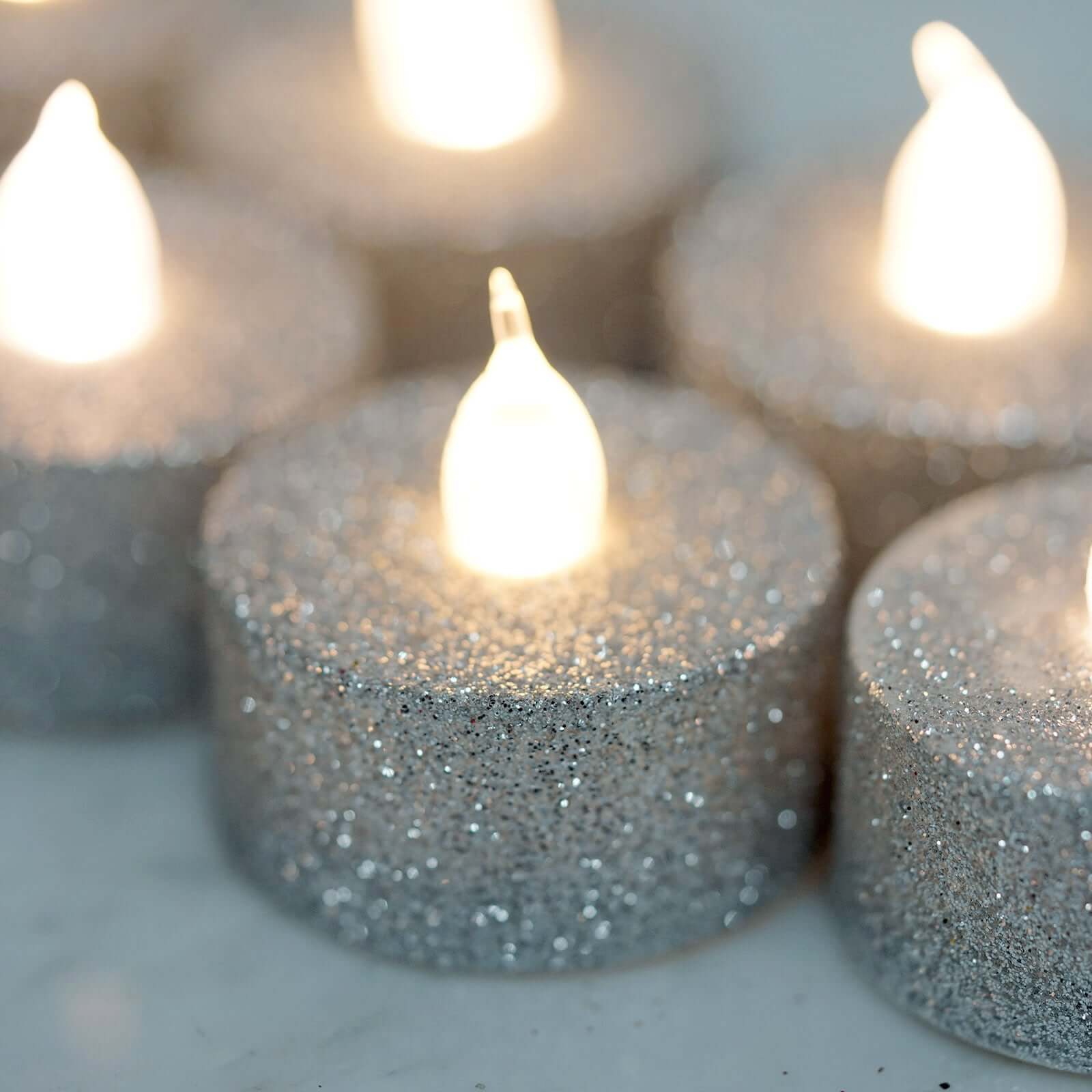 12-Pack LED Tealight Candles Glitter Silver Design - Flameless Battery Operated Tea Lights