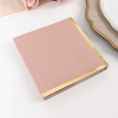 50-Pack Paper Beverage Napkins Dusty Rose with Gold Foil Edge - 2 Ply Disposable Soft 18GSM Cocktail Napkins 5"x5"