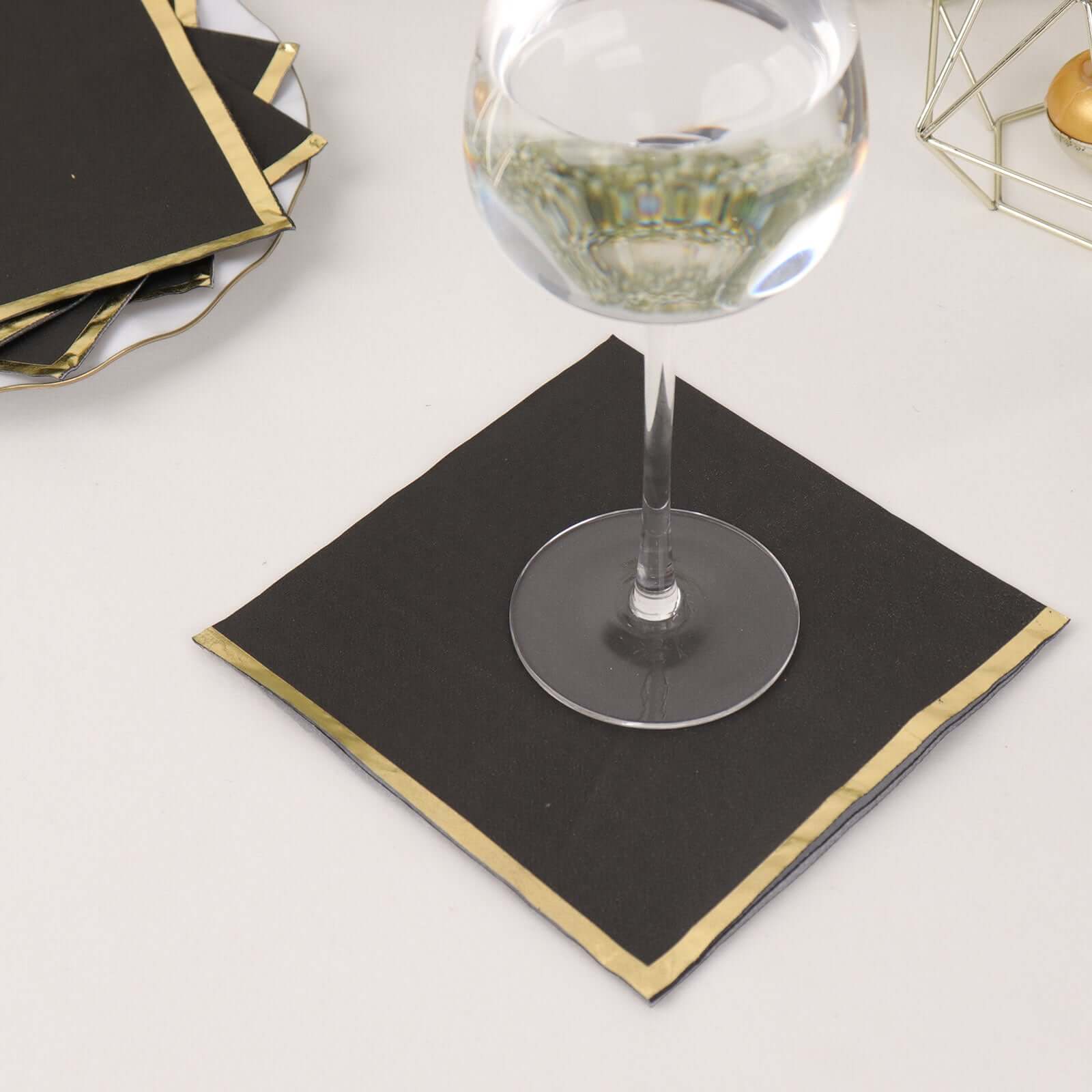 50-Pack Paper Beverage Napkins with Gold Foil Edge Black - Disposable 2 Ply Cocktail Napkins for Events 6.5"x6.5"