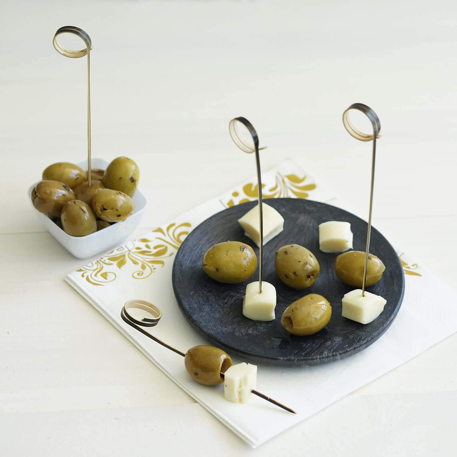 100-Pack Bamboo Cocktail Sticks Black Loop Ring Decorative Top Design - Eco Friendly Party Picks 5"