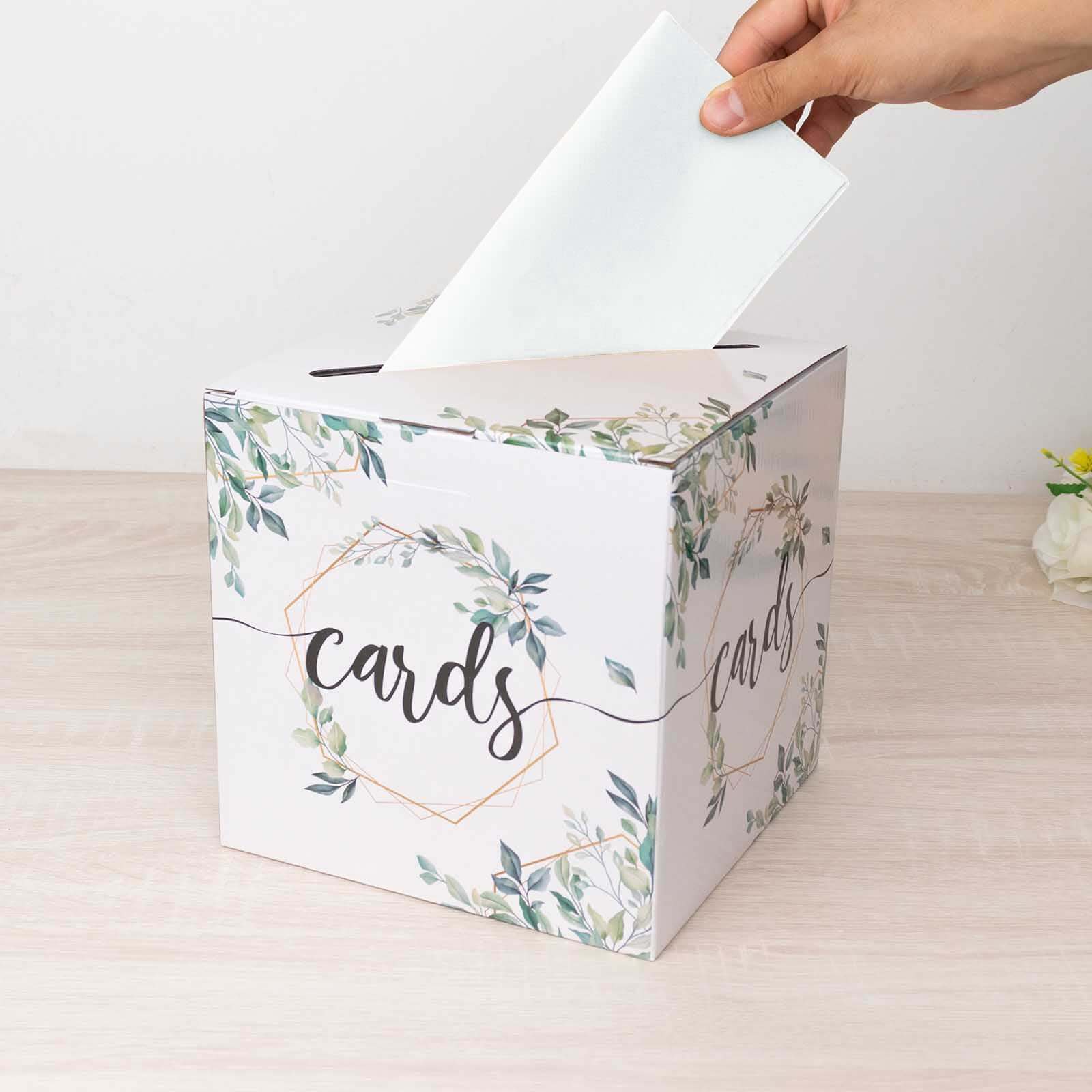 Greenery Theme Wedding Reception Gift Card Box with Geometric Gold Foil Print, Collapsible Money Card Box - 8"x8"