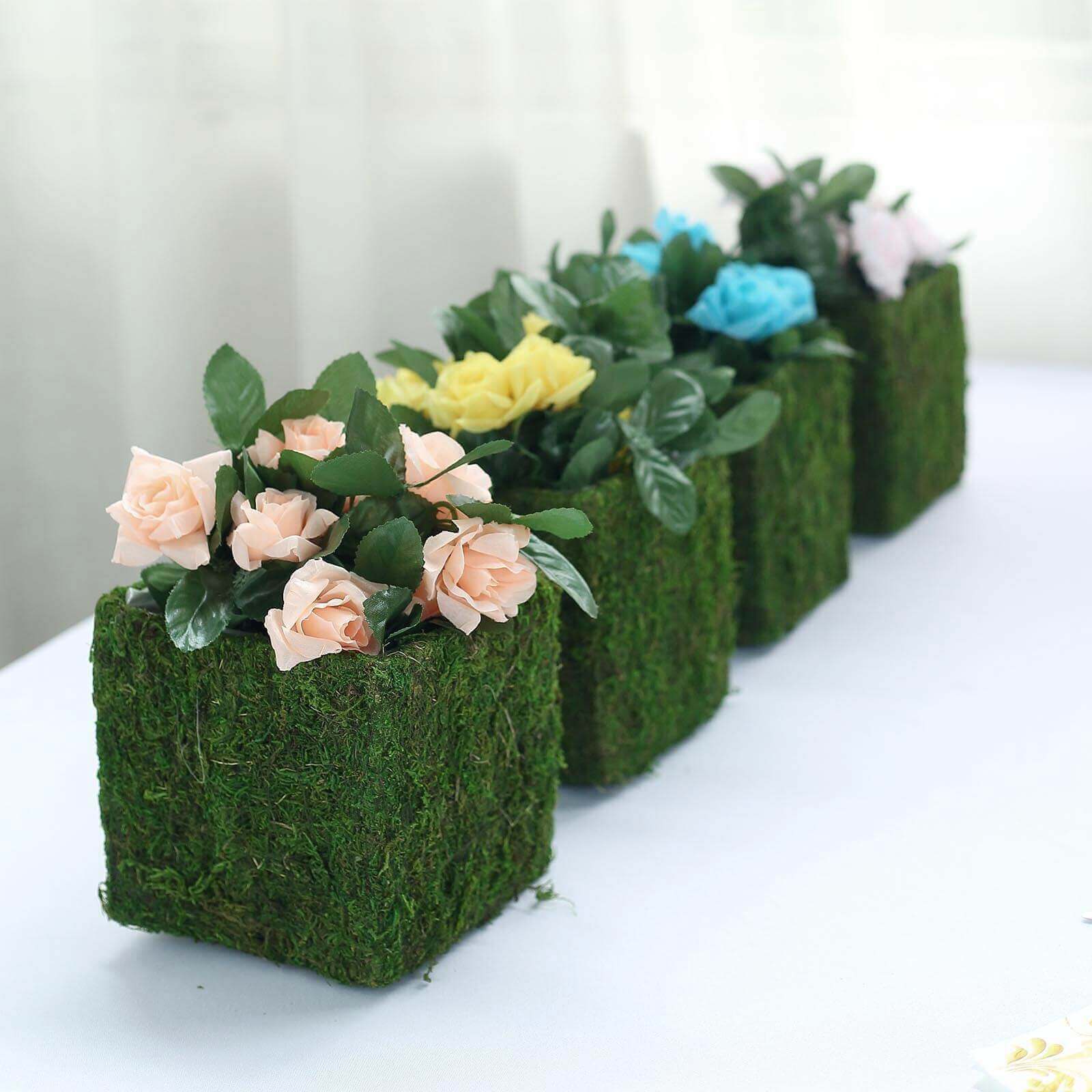 4-Pack Square Planter Boxes Covered with Inner Lining Green Preserved Moss - Flower Basket Centerpieces 6"