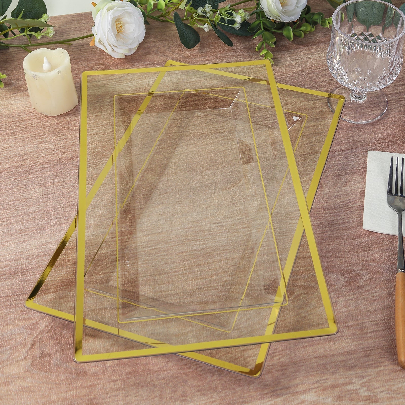 10-Pack Plastic 13"x8" Rectangle Serving Trays Clear with Gold Rim - Durable Reusable Sleek Design for Upscale Events & Parties