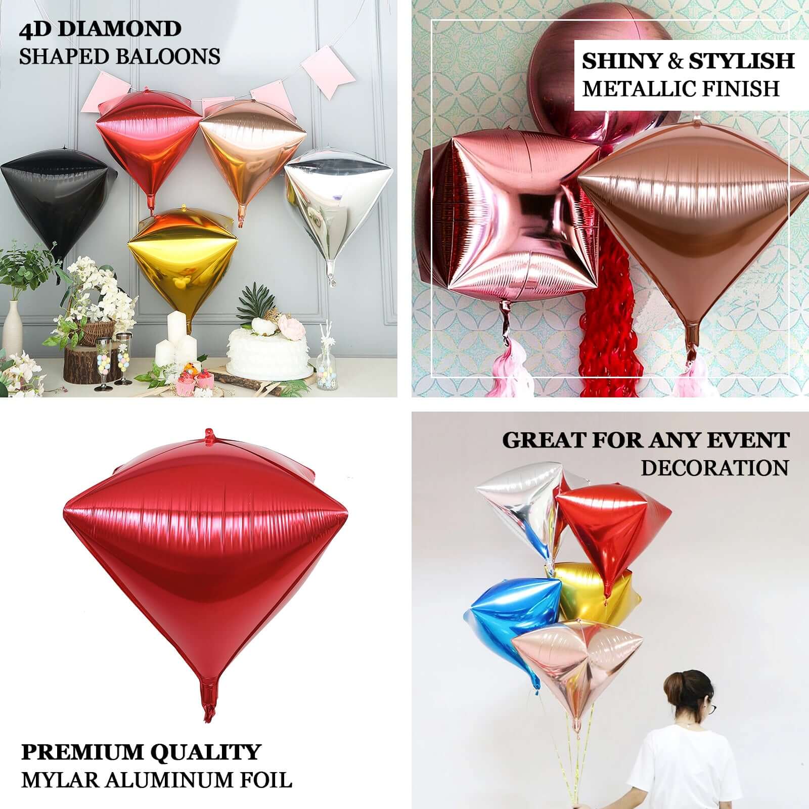 3 Pack 16" Rose Gold 4D Diamond Self-Sealing Reusable Foil Balloon