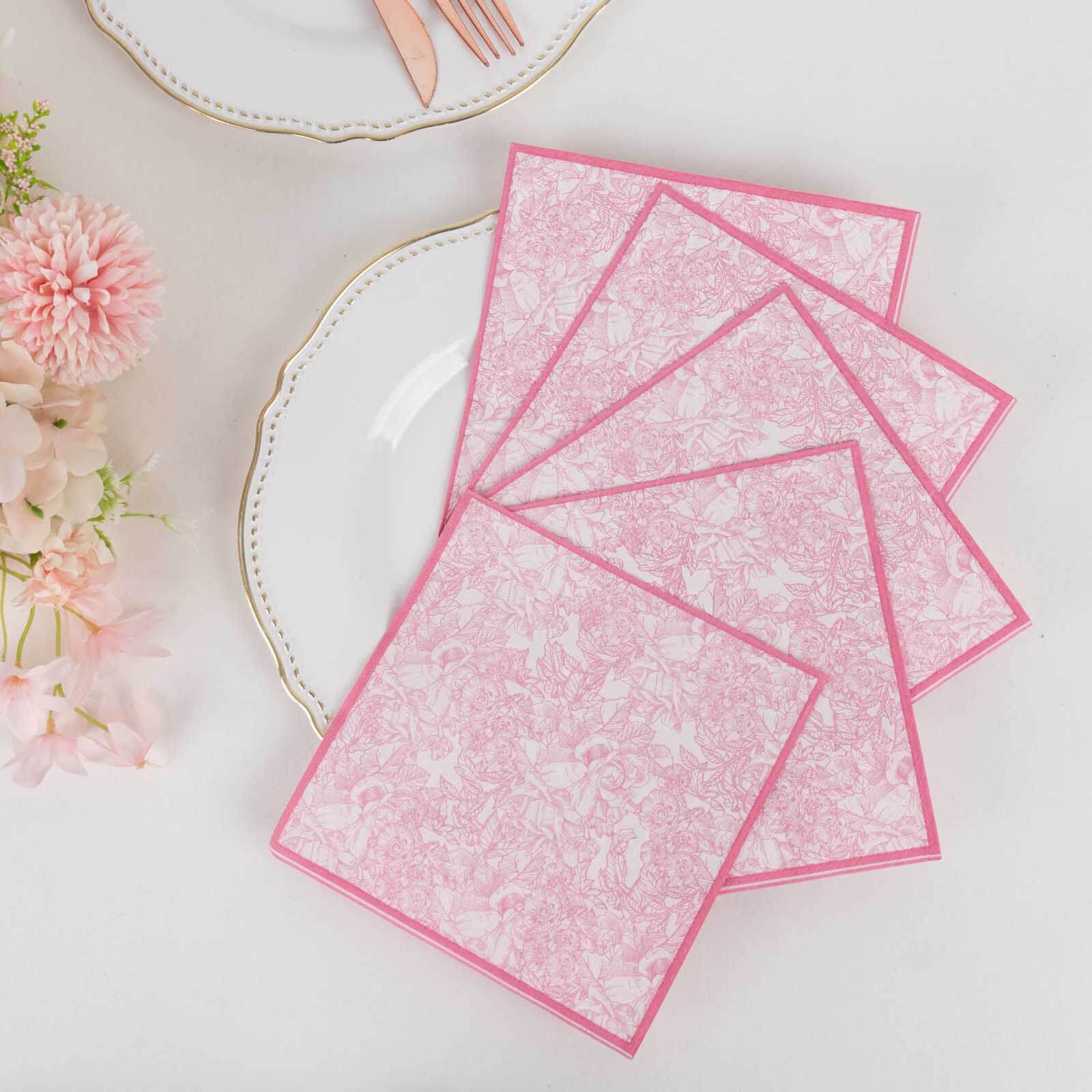25-Pack Paper Cocktail Napkins with French Toile Print White/Pink - Highly Absorbent 2 Ply Disposable Napkins 6.25"x6.25"