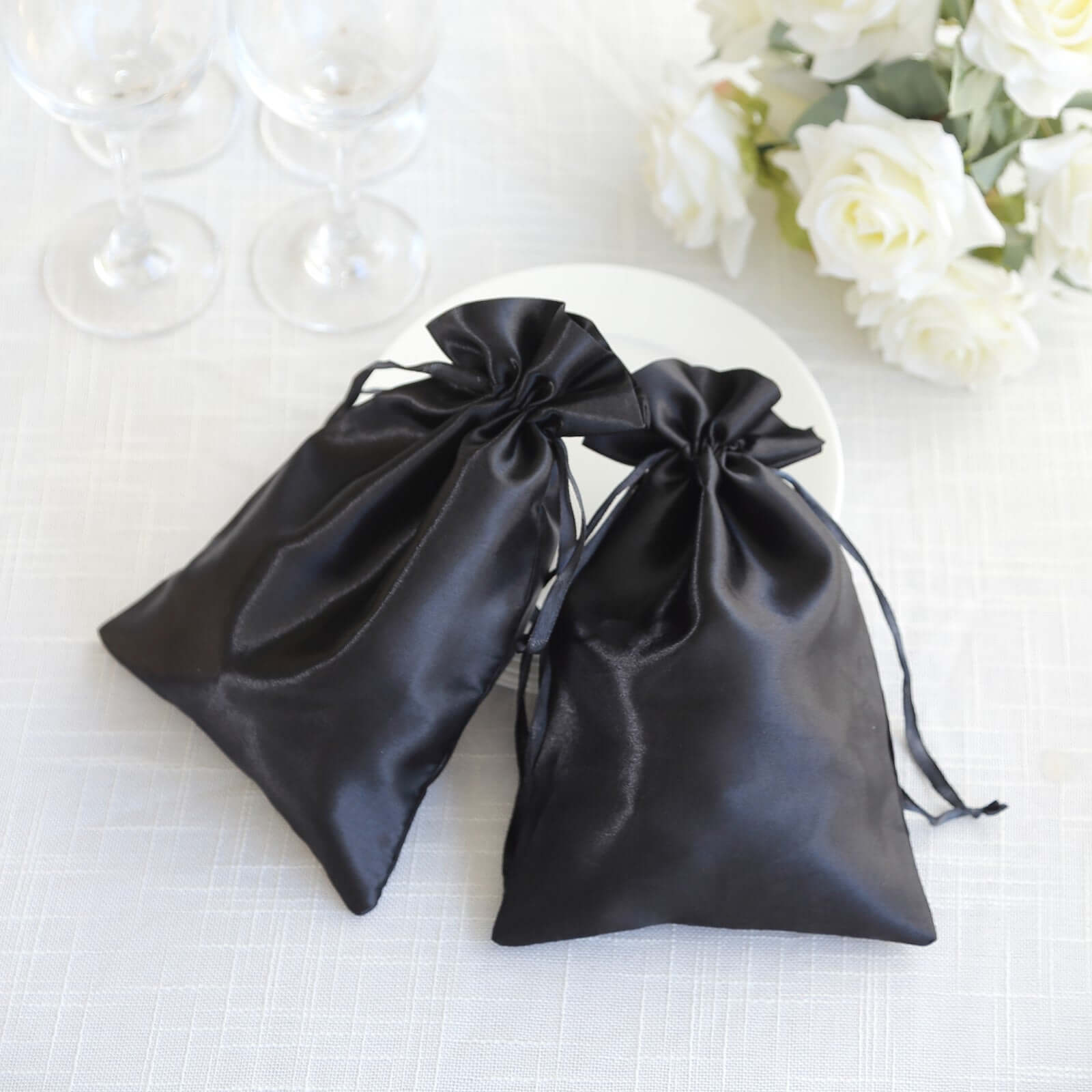 12 Pack 6"x9" Black Satin Drawstring Wedding Party Favor Gift Bags