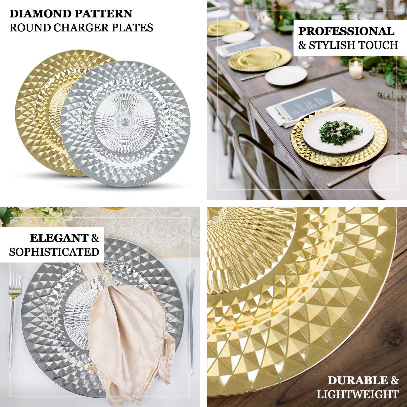6-Pack Plastic Round Charger Plates 13" in Silver with Diamond Pattern, Sparkling Disposable Dinner Charger Tableware