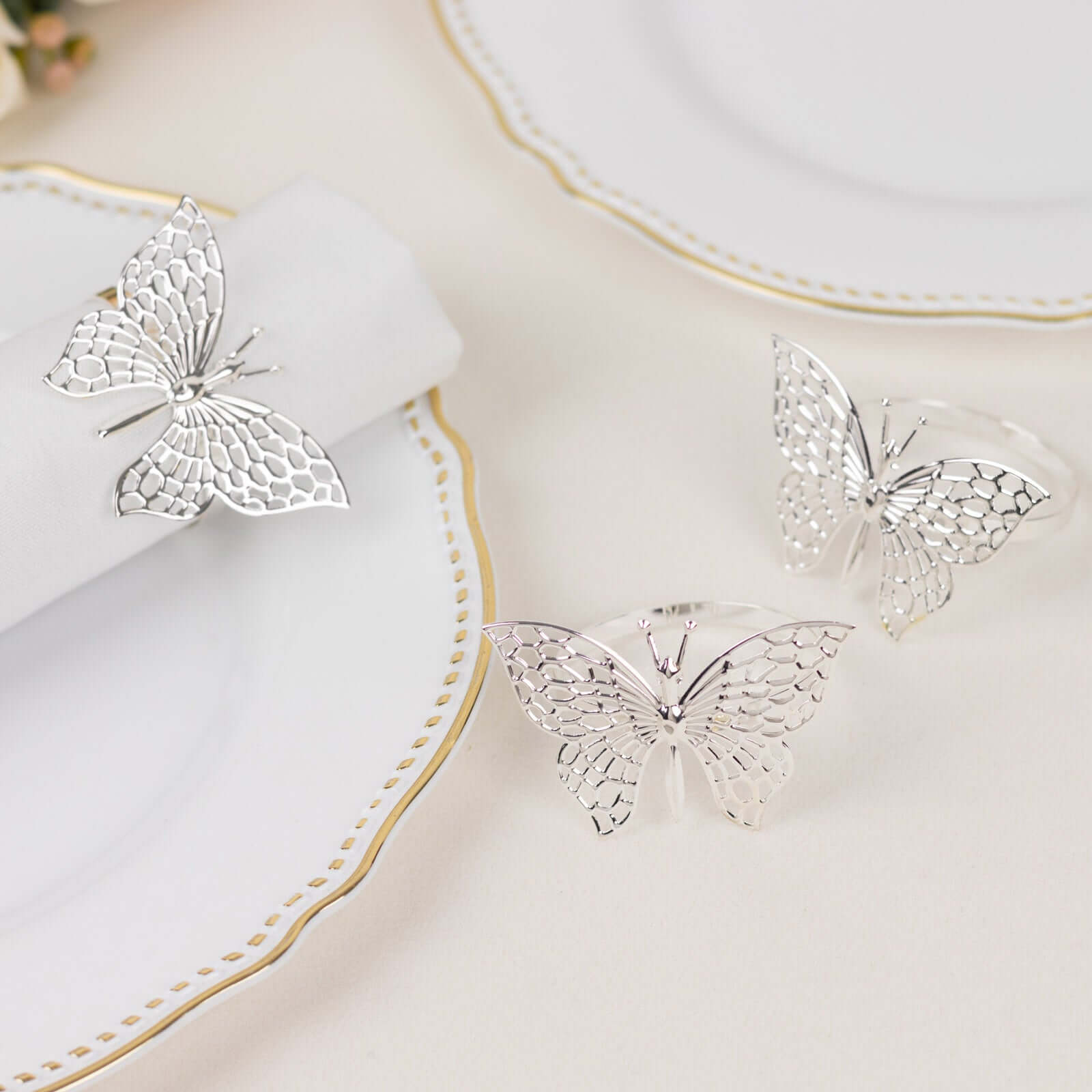 4 Pack Silver Metal Butterfly Napkin Rings, Decorative Laser Cut Cloth Napkin Holders