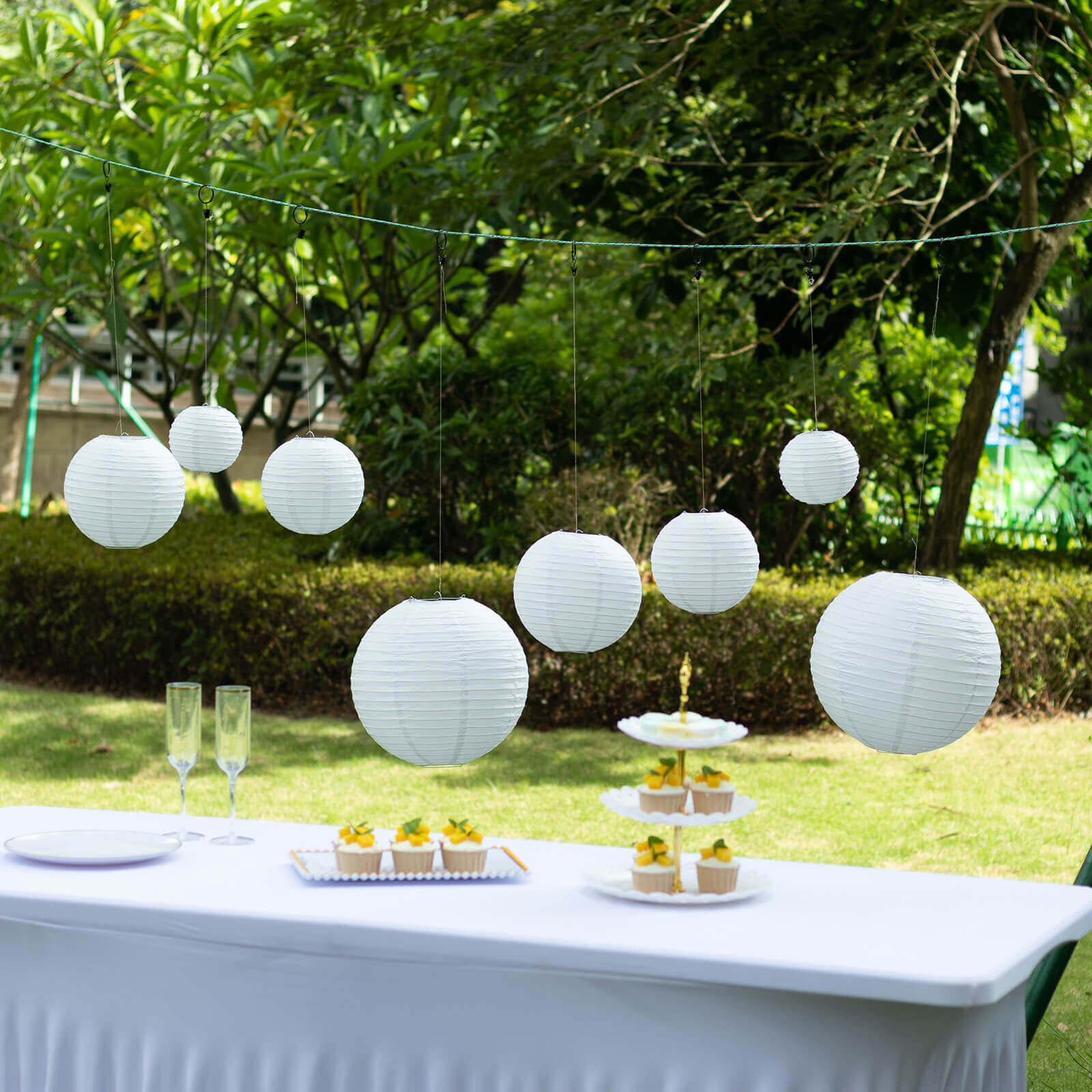 Set of 8 White Hanging Paper Lanterns, Decorative Round Chinese Sky Lanterns, Assorted Sizes  - 6",8",10",14"