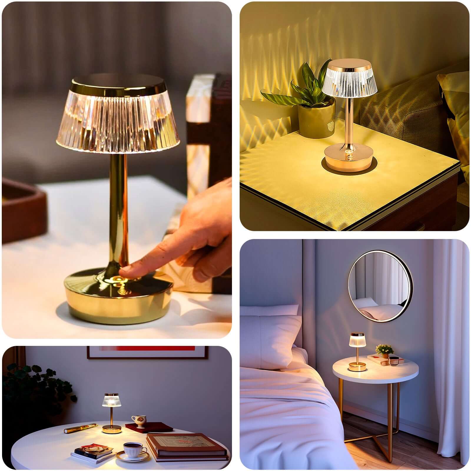 Acrylic LED Mushroom Table Lamp Clear Gold Color Changing Touch Control Night Light - Rechargeable Centerpiece 9"