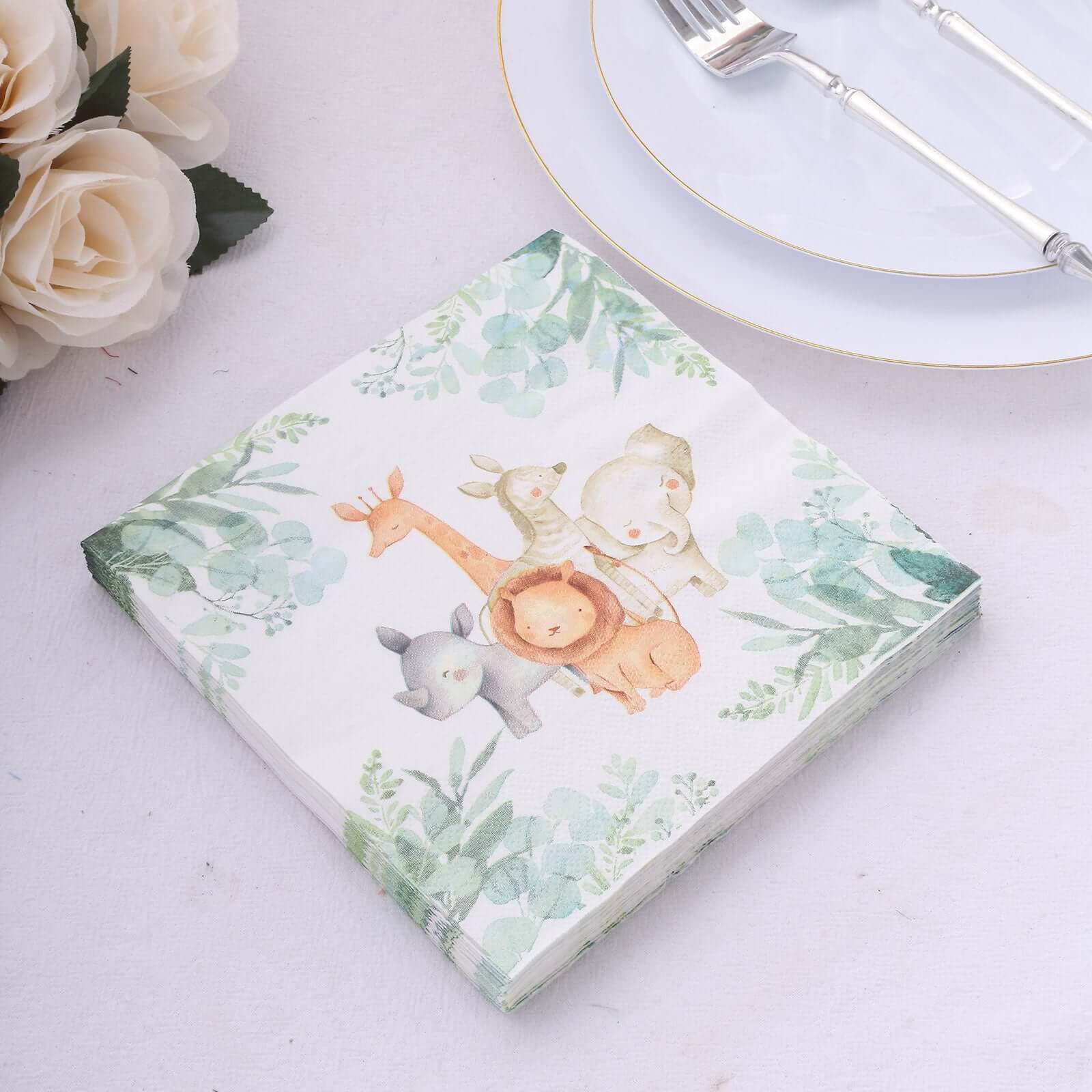 20-Pack Paper Beverage Napkins with Safari Animal Print - Jungle Theme 2 Ply Disposable Party Napkins 6.5"x6.5" 18GSM