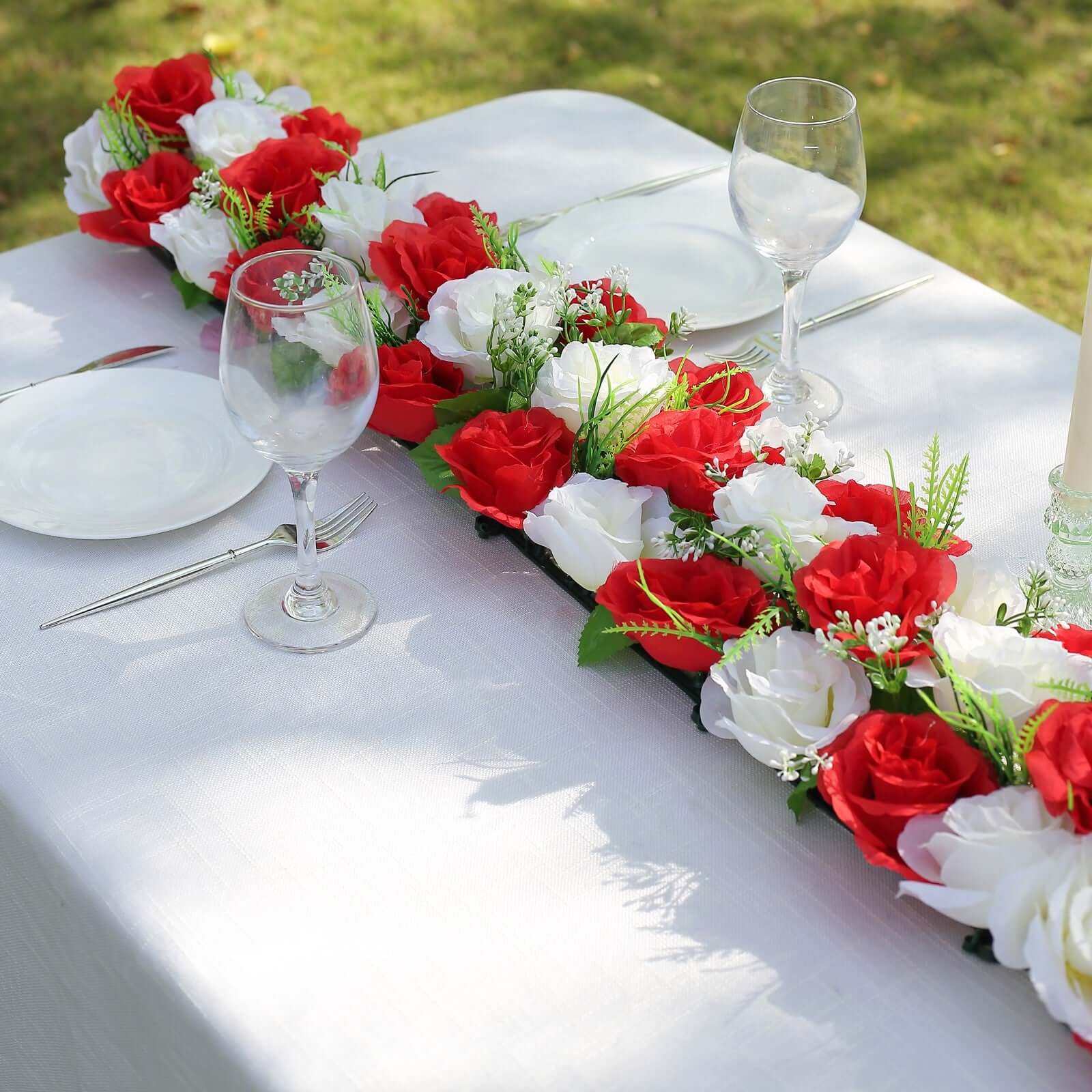 6 Pack Red Ivory Silk Rose Flower Panel Table Runner, Artificial Floral Arrangements Wedding Table Centerpiece - 20"x8"