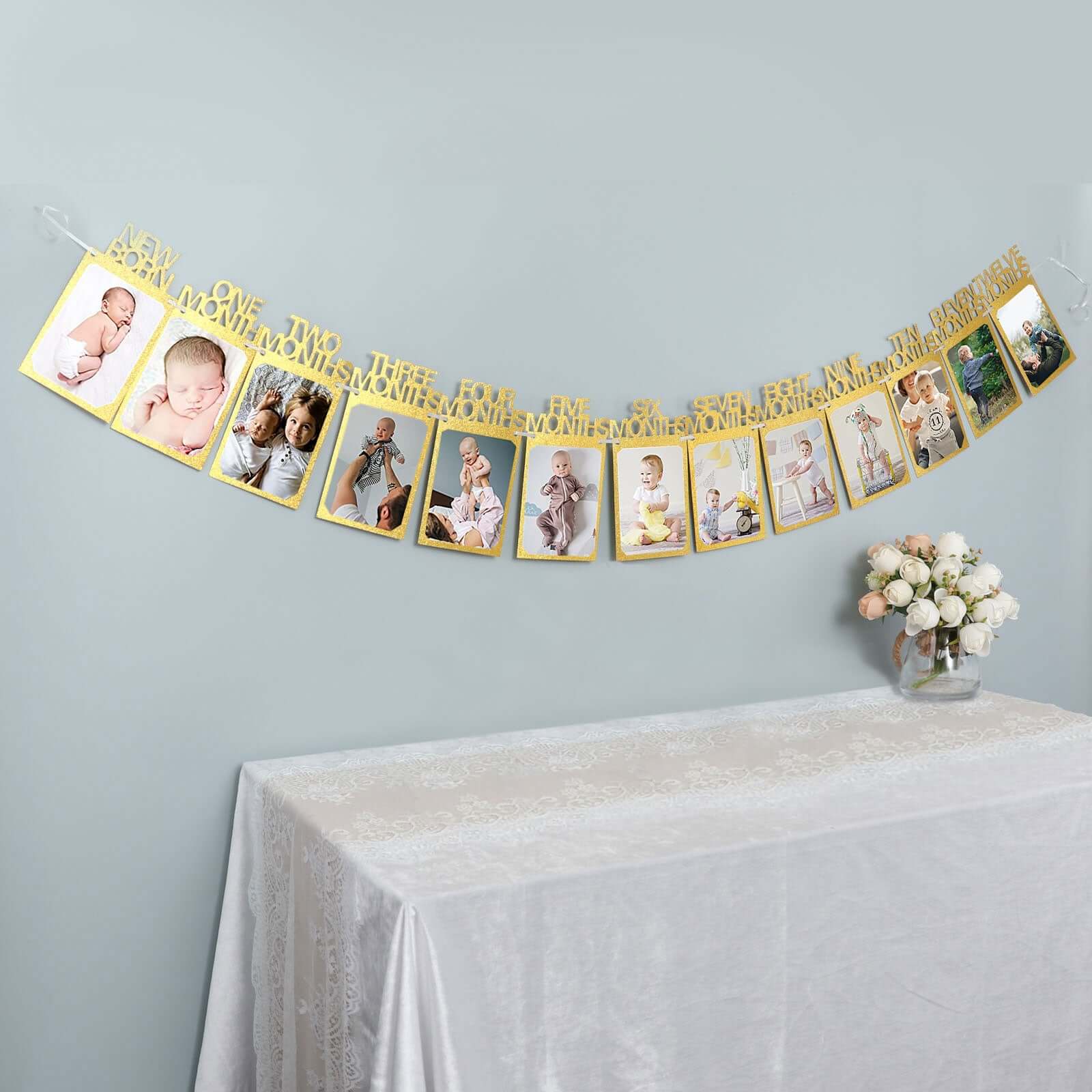 12 Month Milestone 1st Birthday Party Photo Backdrop Hanging Banner, Baby Photo Garland Banner - 5.5ft