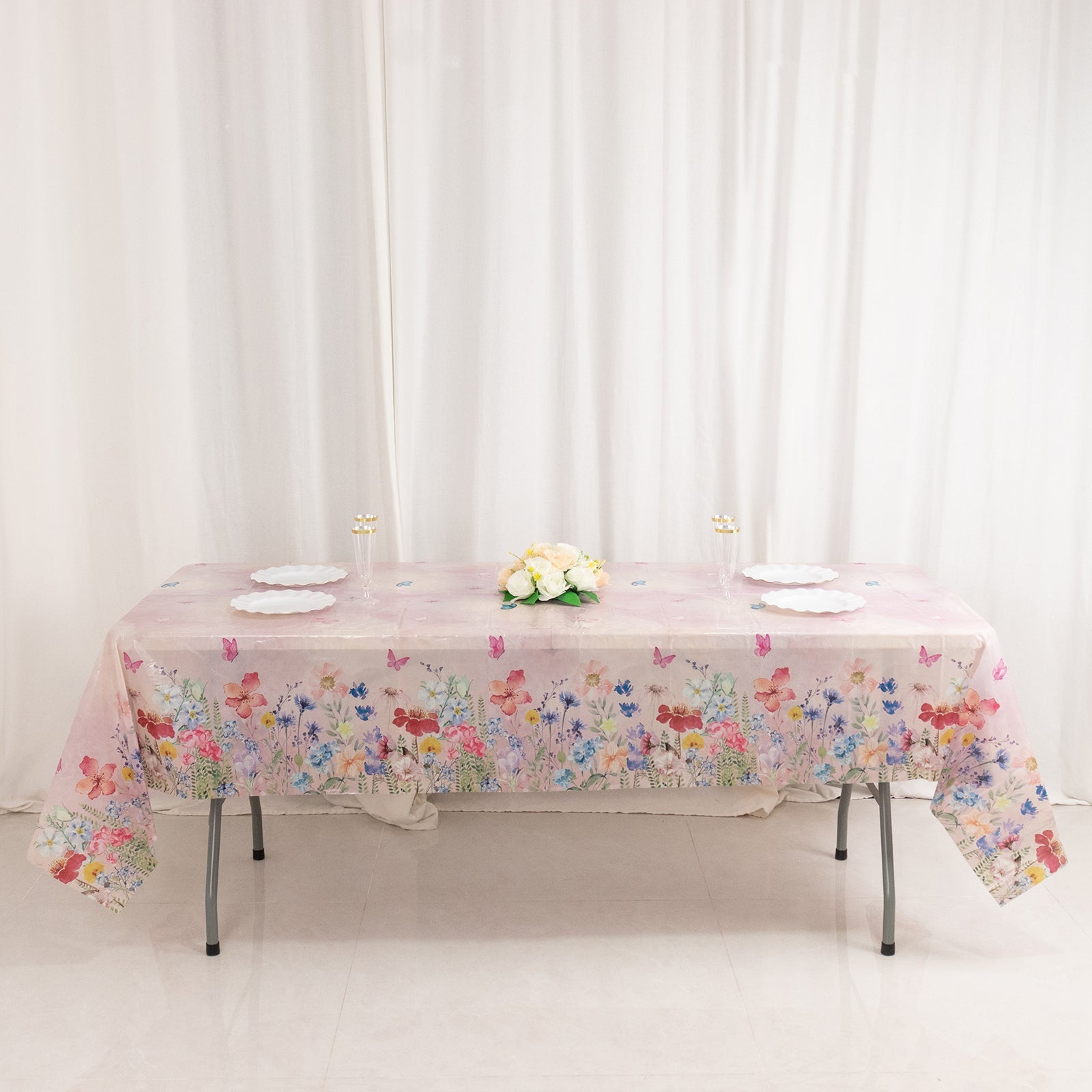 5-Pack Plastic Table Covers Blush Rectangle with Butterfly Floral Print - Decorative PVC Disposable Covers 54"x108"