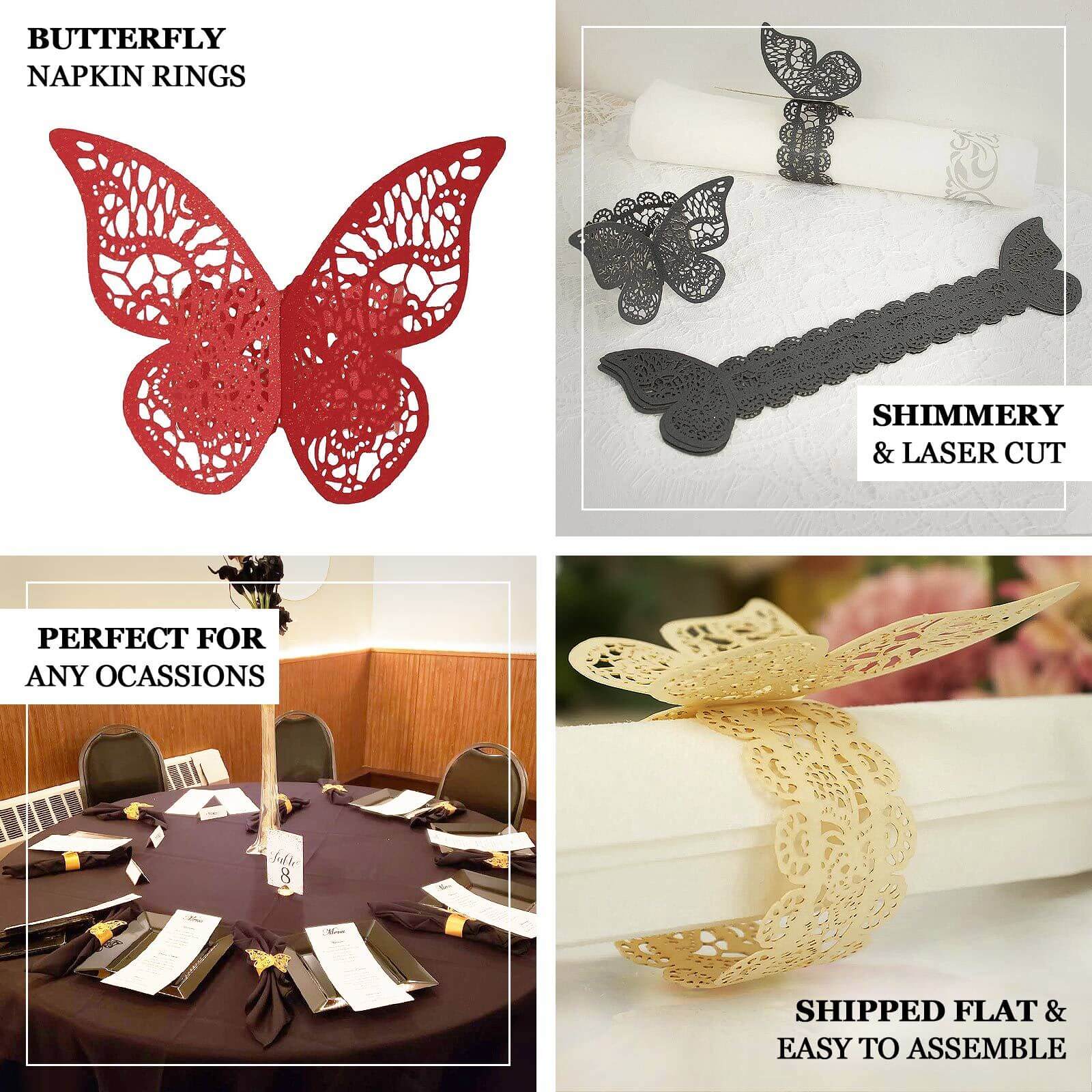 12-Pack Paper Napkin Rings Laser Cut Butterfly Black Shimmery - Decorative Serviette Holders for Events