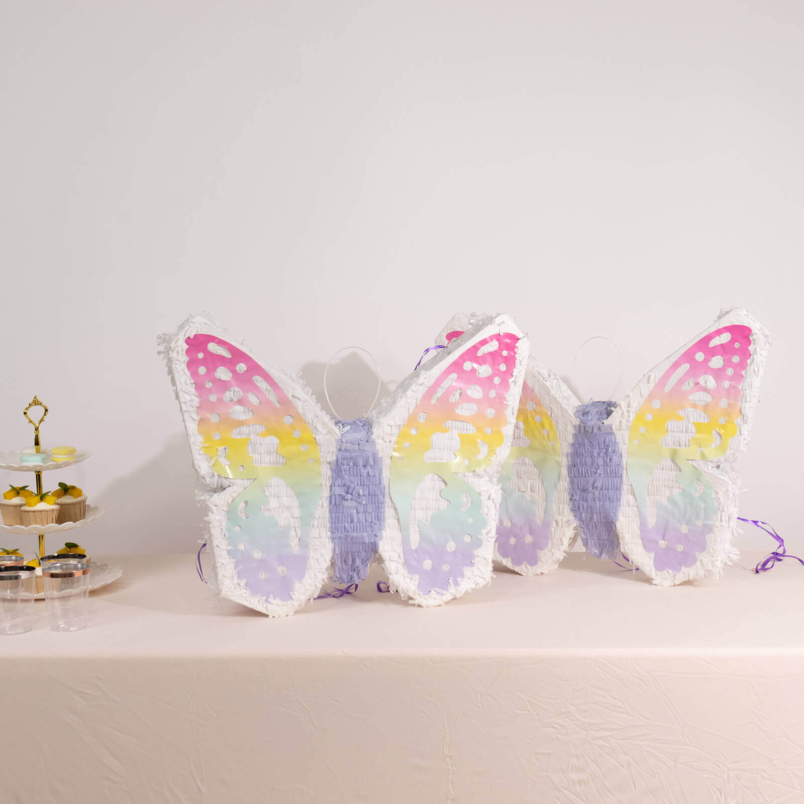 Expandable White Lilac Paper Butterfly Pinata Hanging Decor with Pastel Colored Wings, Fairy Themed Birthday Party Pinata - 23"x19"