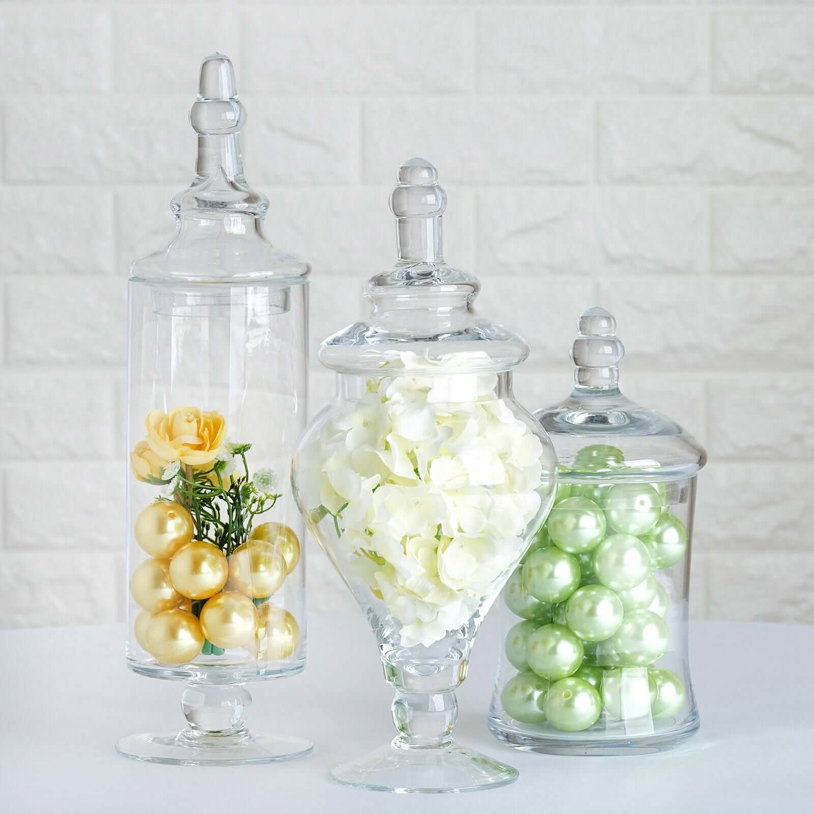 Set of 3 Glass Candy Jars Modern Apothecary Design Clear with Snap-On Lids - Stylish Party Favor Containers 9"/13"/14"