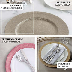 6-Pack Acrylic Plastic Round Charger Plates 13" in Silver with Dust Free Glitter Finish, Decorative Dinner Party Charger Tableware