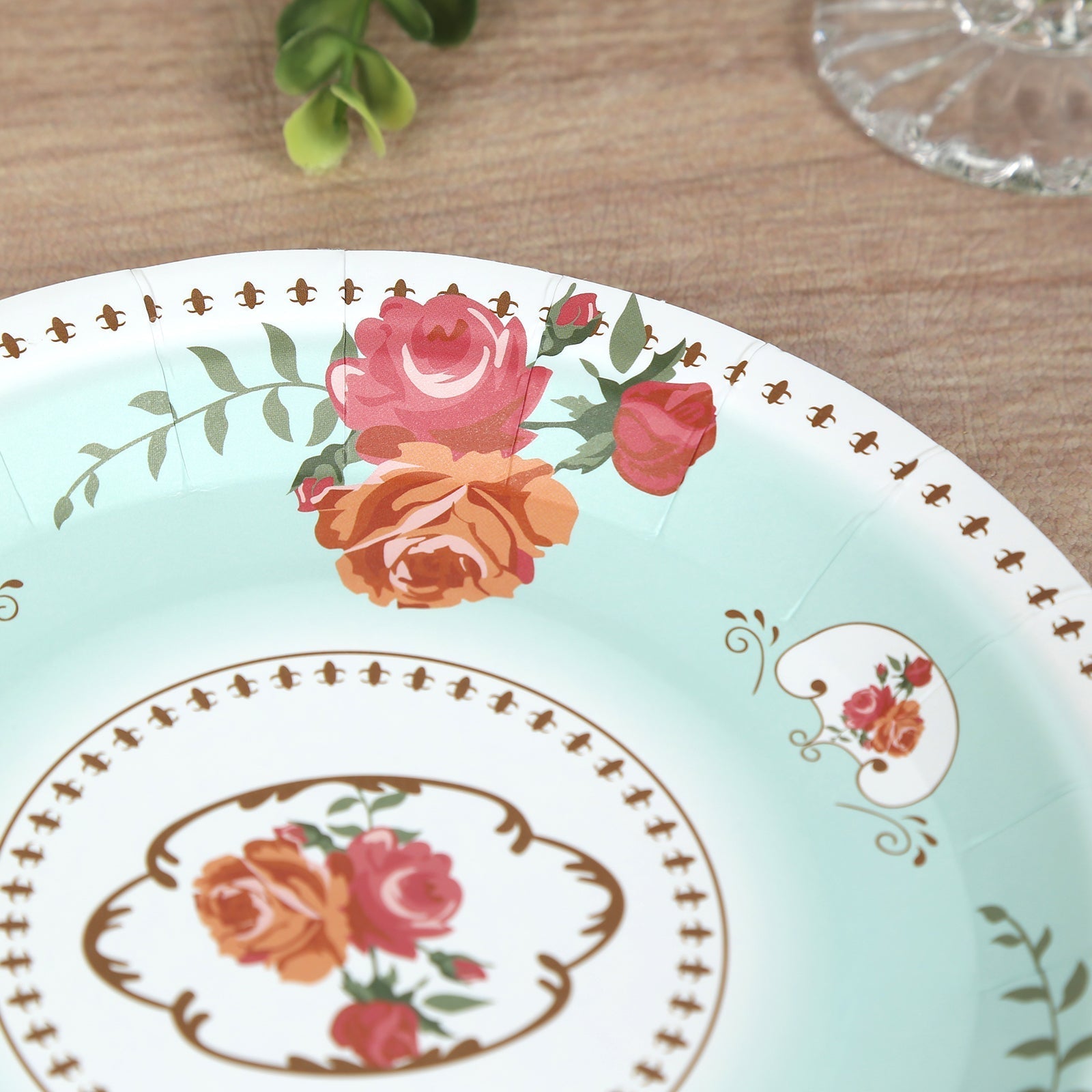 25-Pack Paper 7" Round Dessert Plates in Light Turquoise with Vintage Rose Flower Print - Disposable Appetizer Salad Plates