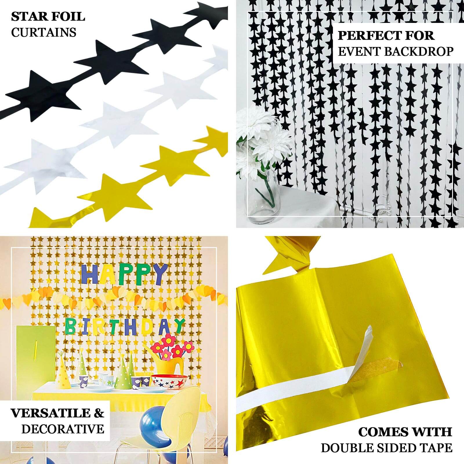Black Star Chain Foil Fringe Curtain Party Backdrop, Metallic Black Tinsel Streamer Party Decor - Door Window Foil Curtain - 3ftx6.5ft