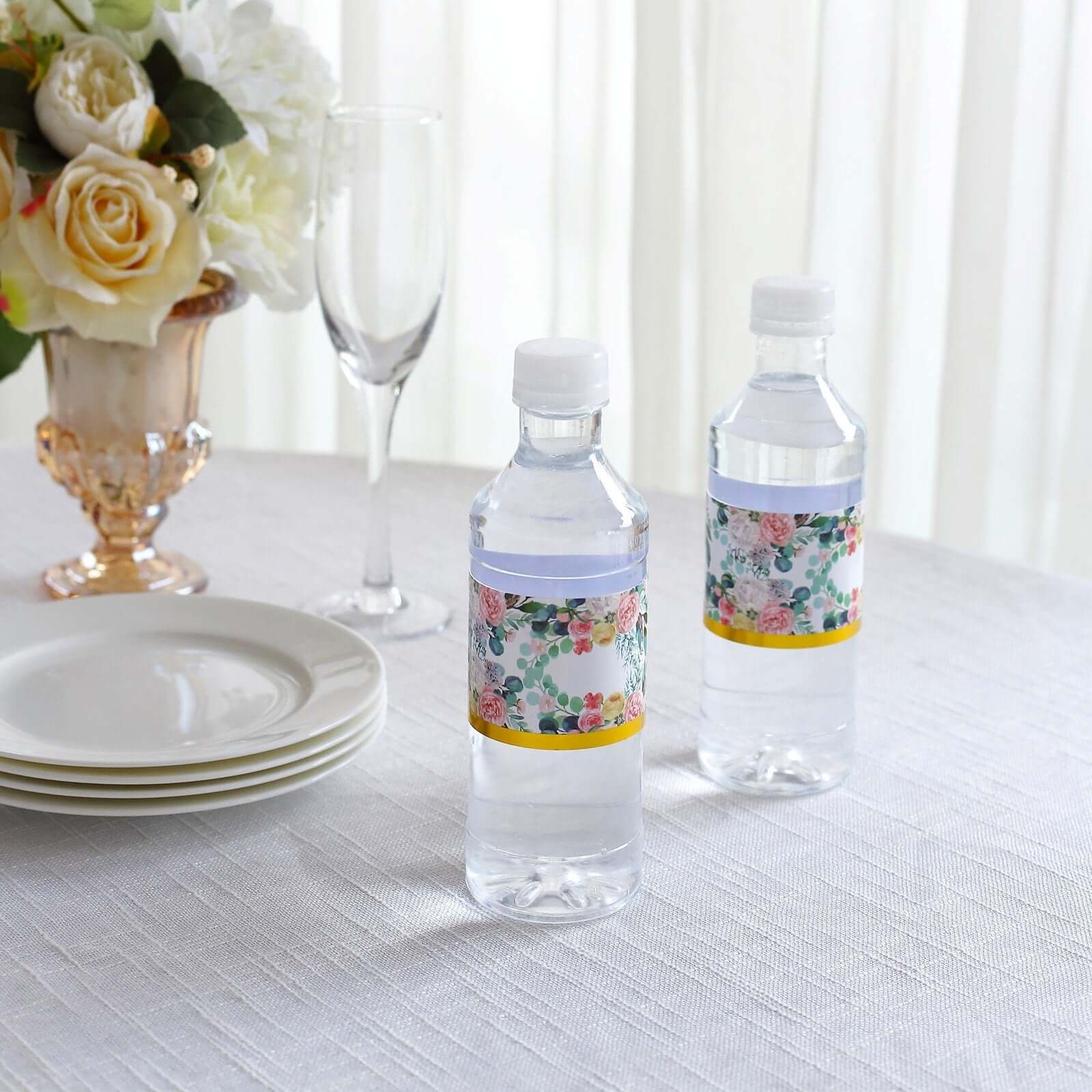 24 Pack White/Pink Water Bottle Labels with Peony Floral Design & Gold Trim, Waterproof Bottle Stickers