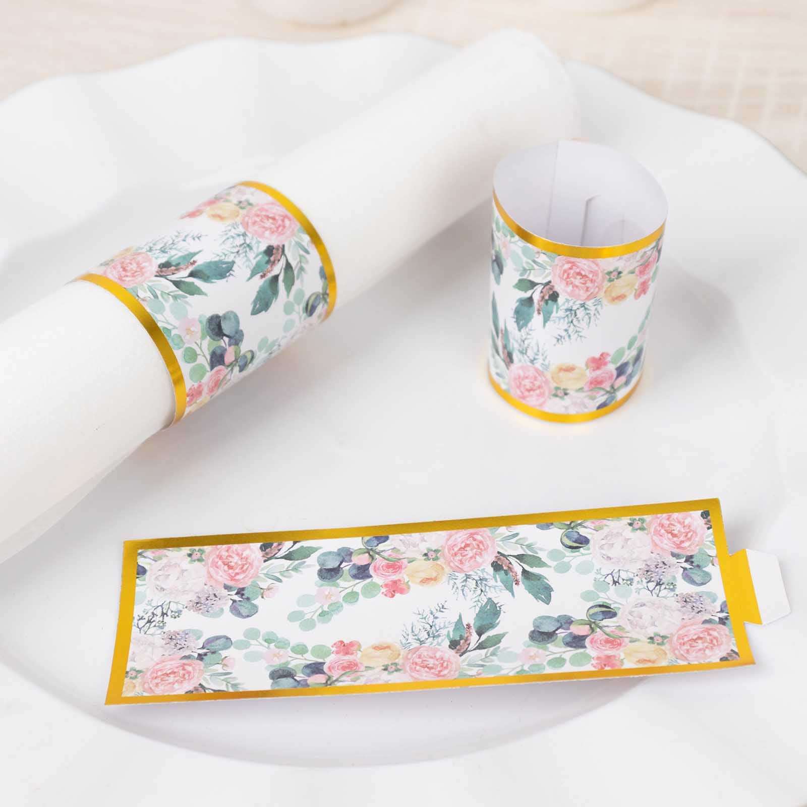 50 Pack Pink Peony Floral Paper Napkin Holder Bands with Gold Edge, Disposable Napkin Rings - 1.5"