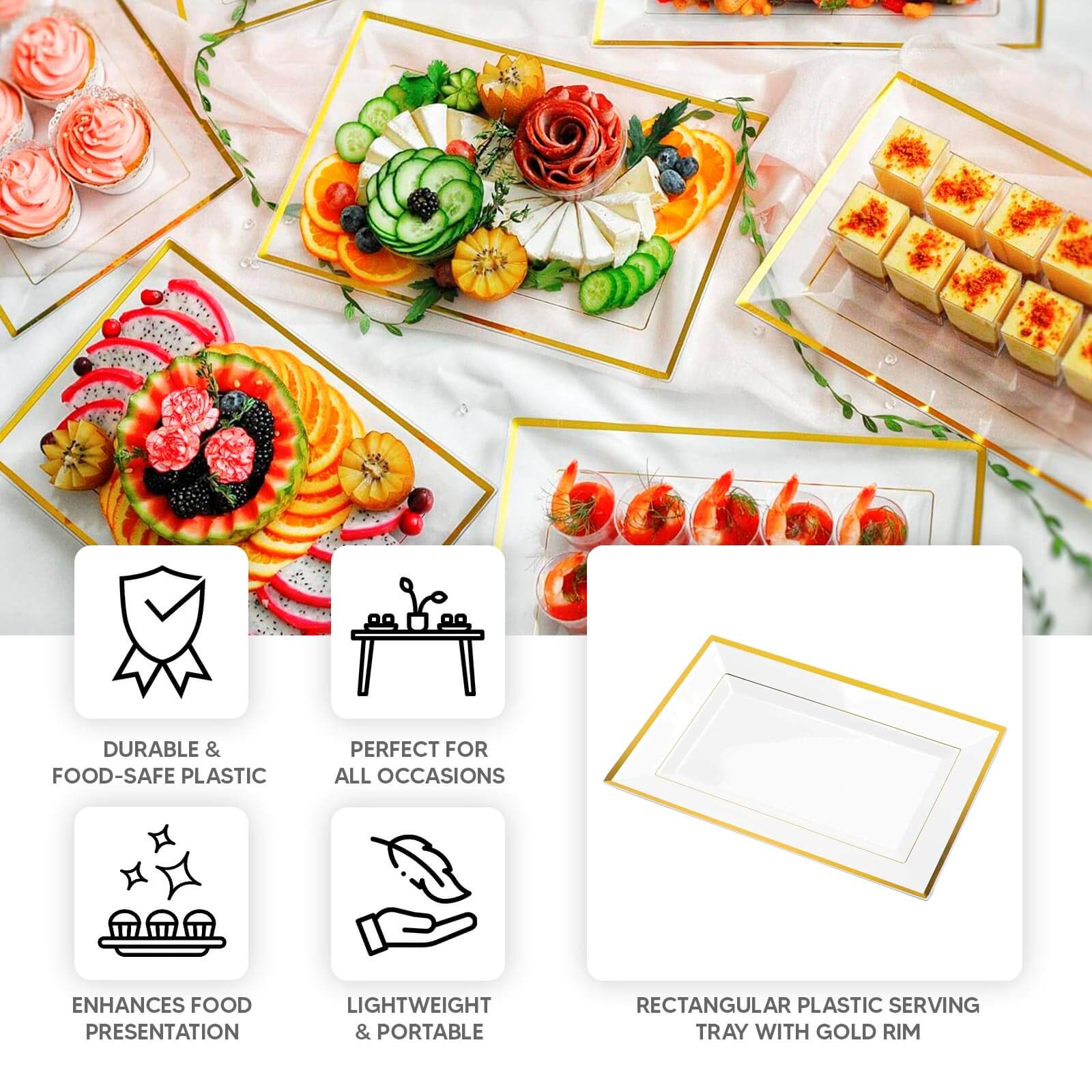 10-Pack Plastic 13"x8" Rectangle Serving Trays Clear with Gold Rim - Durable Reusable Sleek Design for Upscale Events & Parties