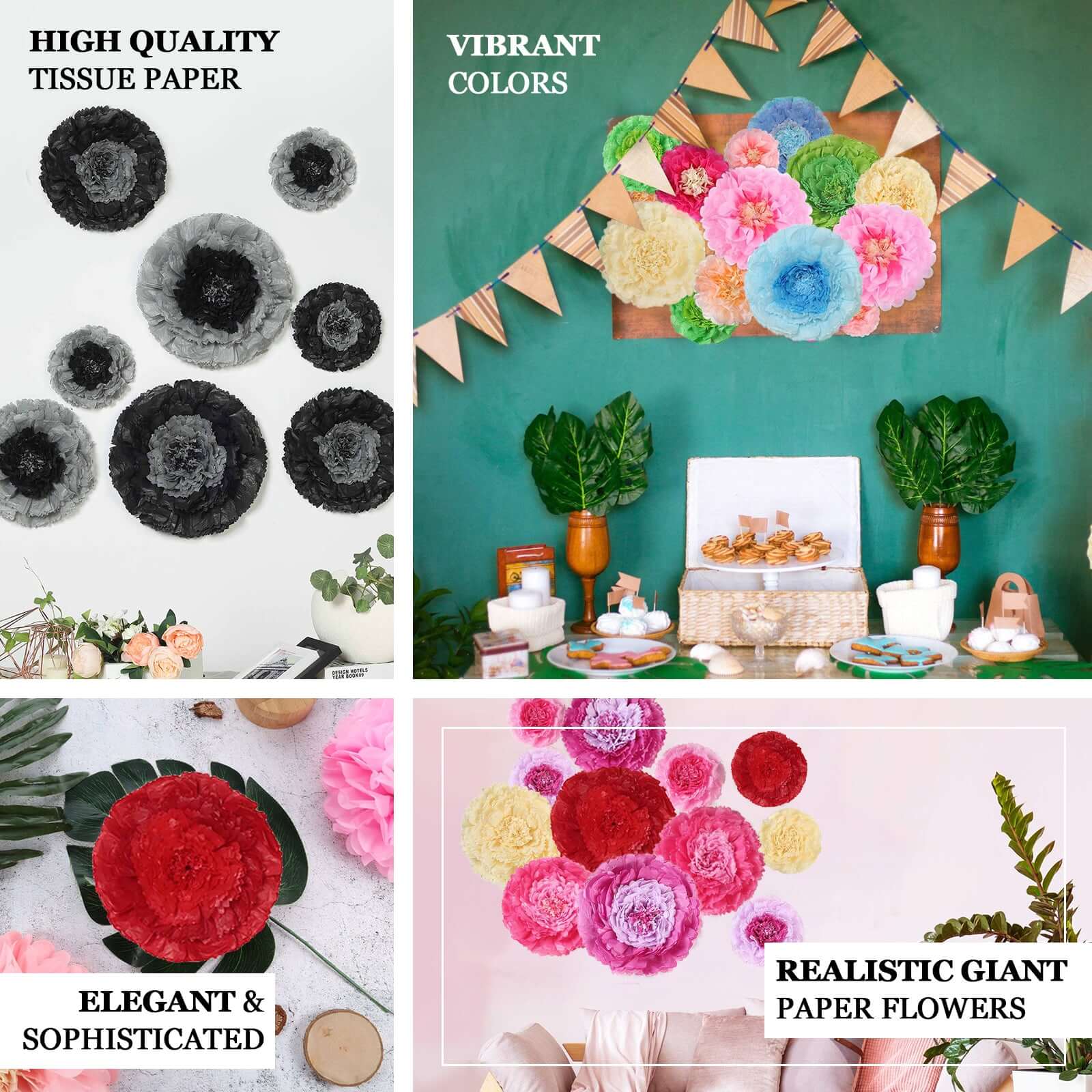 Set of 6 Mint Green Giant Carnation 3D Paper Flowers Wall Decor - 12",16",20"