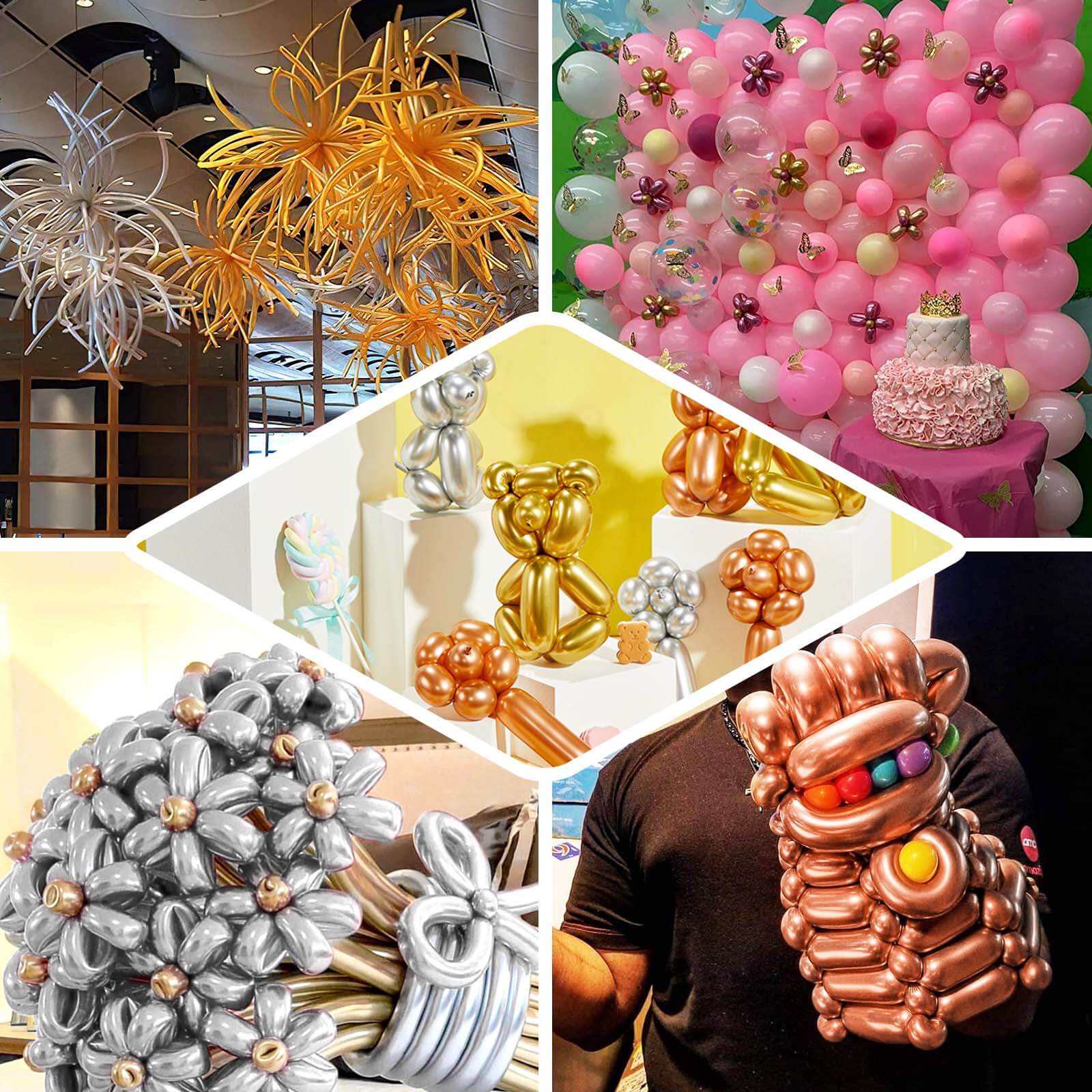 50 Pack Assorted Metallic Rose Gold Long Latex Balloons For Twisting Magic, Animal Modelling Party Balloons