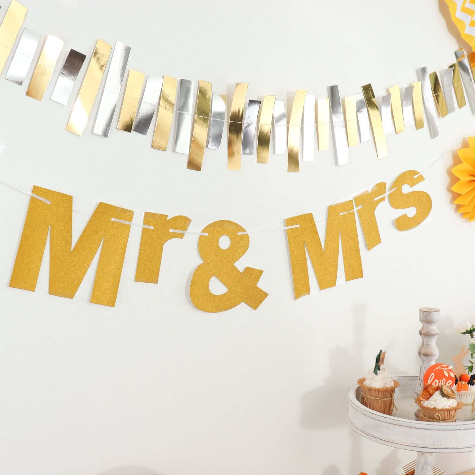 3ft Gold Glittered Mr and Mrs Paper Hanging Wedding Anniversary Banner, Party Garland Banner