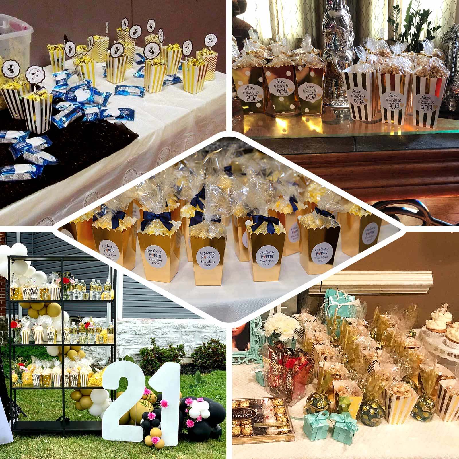 36 Pack 5" White Gold Design Mini Paper Popcorn Boxes, Candy Favor Disposable Bags - Stripe, Polka Dot, Solid Style