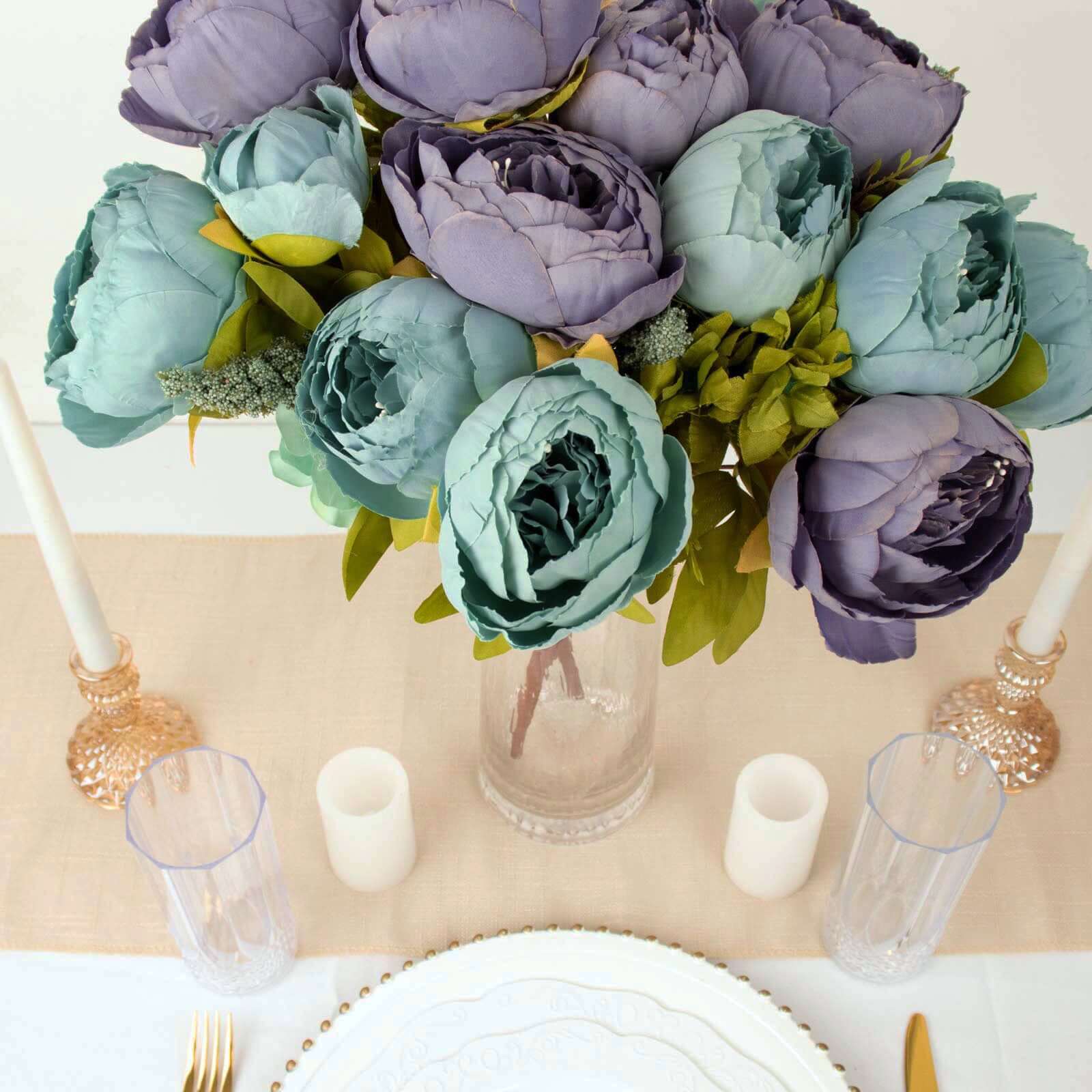 2 Pack 19" Dusty Blue Artificial Peony Flower Wedding Bouquets, Faux Silk Flower Arrangements