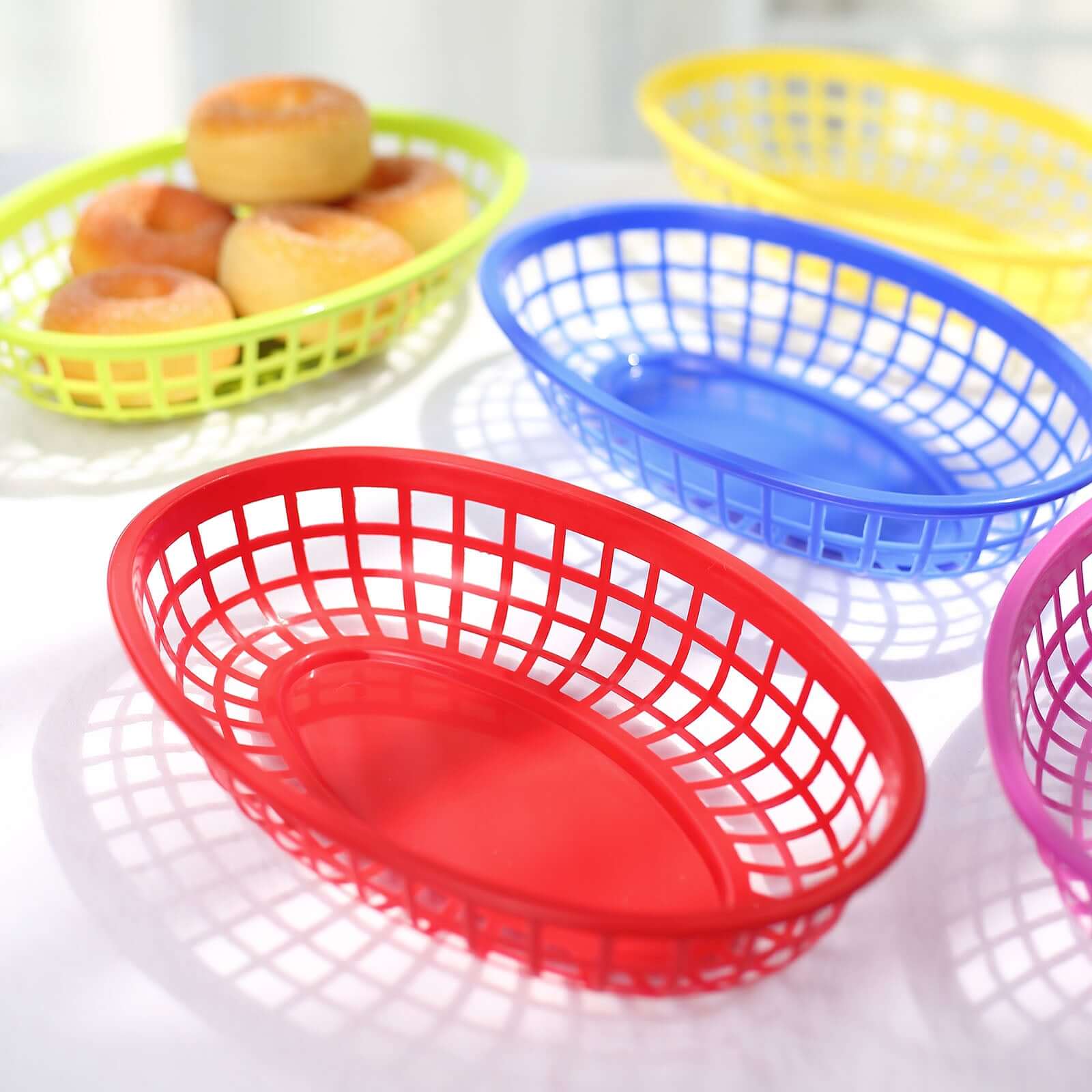 6-Pack Plastic Food Baskets with 50 Wax Paper Liners Assorted Colors - Durable Oval Deli Serving Trays