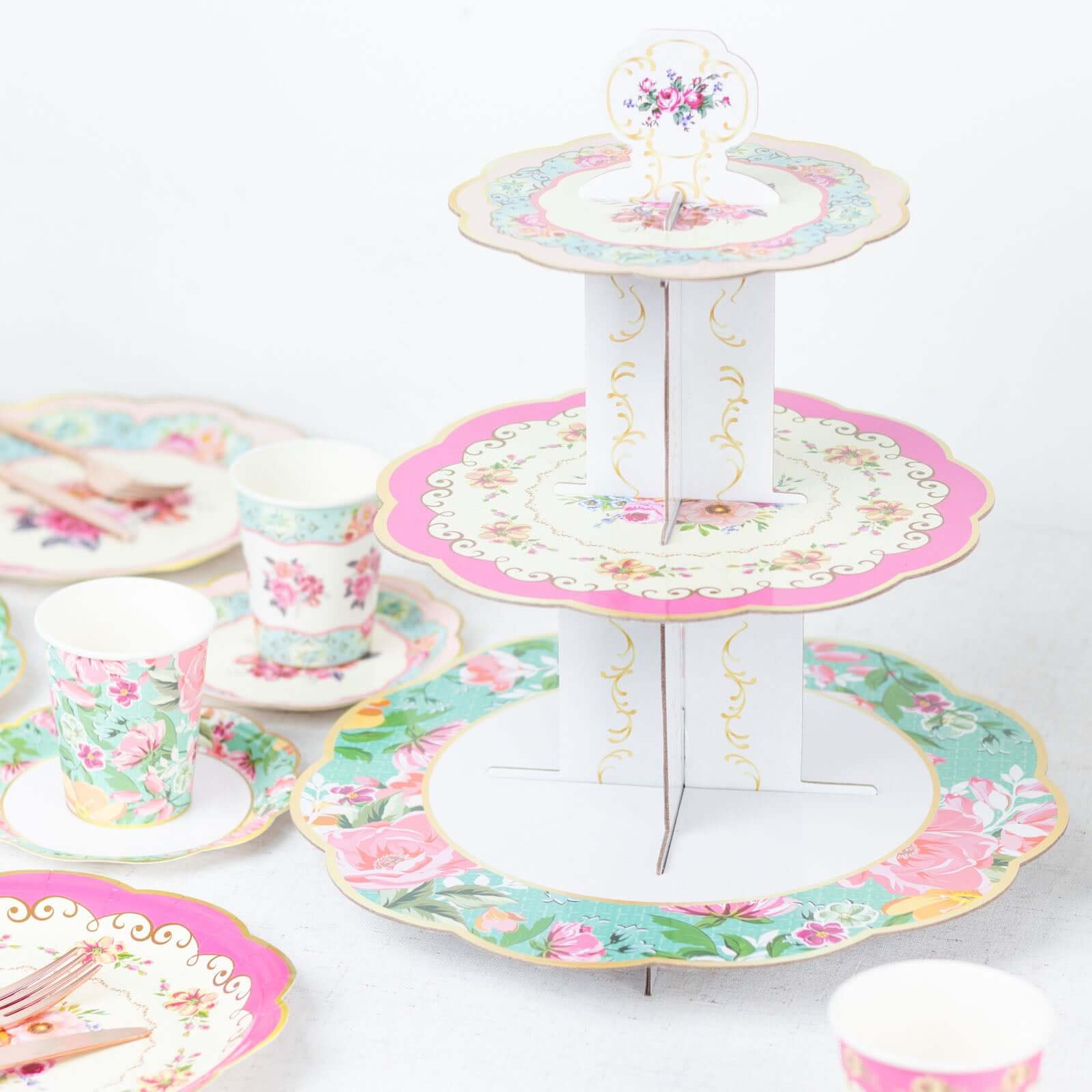 2-Pack Cardboard Round Cupcake Stand Assorted Floral Design - 3-Tier Reusable Dessert Display Pedestal With Scalloped Edges for Garden-Themed Celebrations 14"