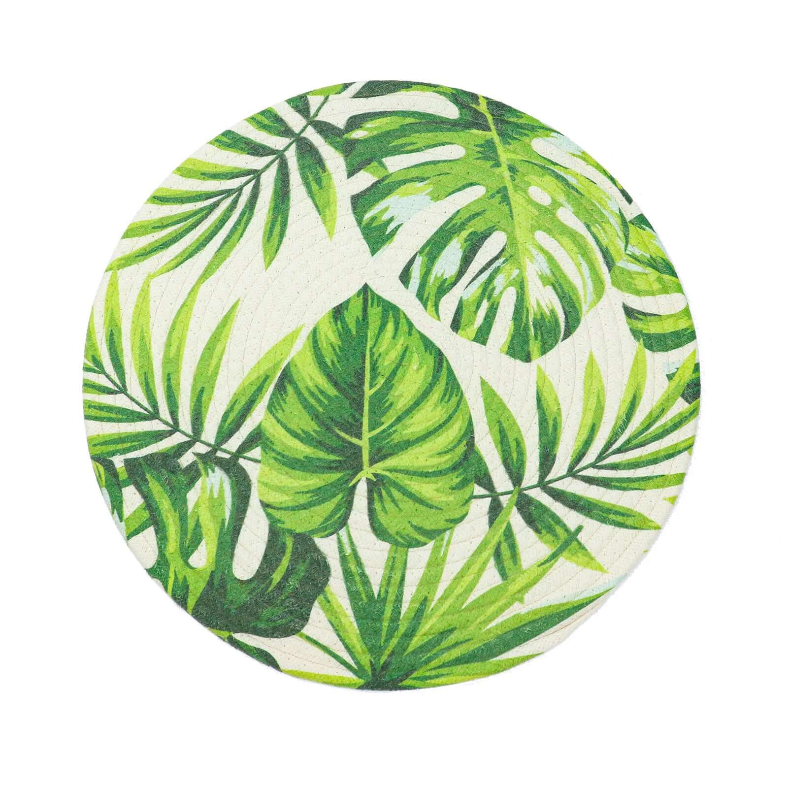 4-Pack Table Placemats Tropical Leaf Design Green Cotton Round - Woven Indoor/Outdoor Dining Mats 15"