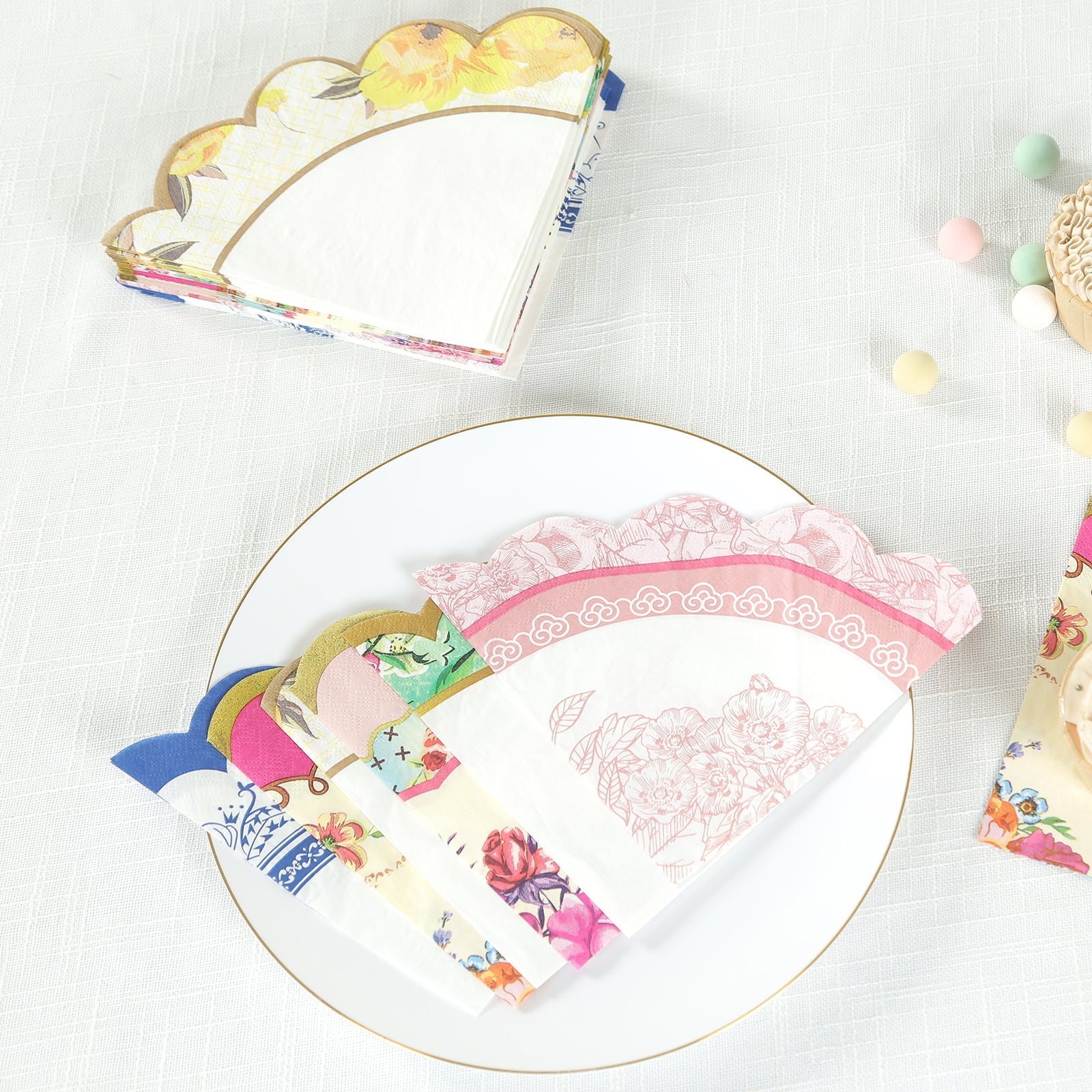 48-Pack Round Paper Cocktail Napkins with Vintage Floral Mixed Design and Scalloped Edges - Soft 2 Ply Disposable Napkins 6.25"x6.25"