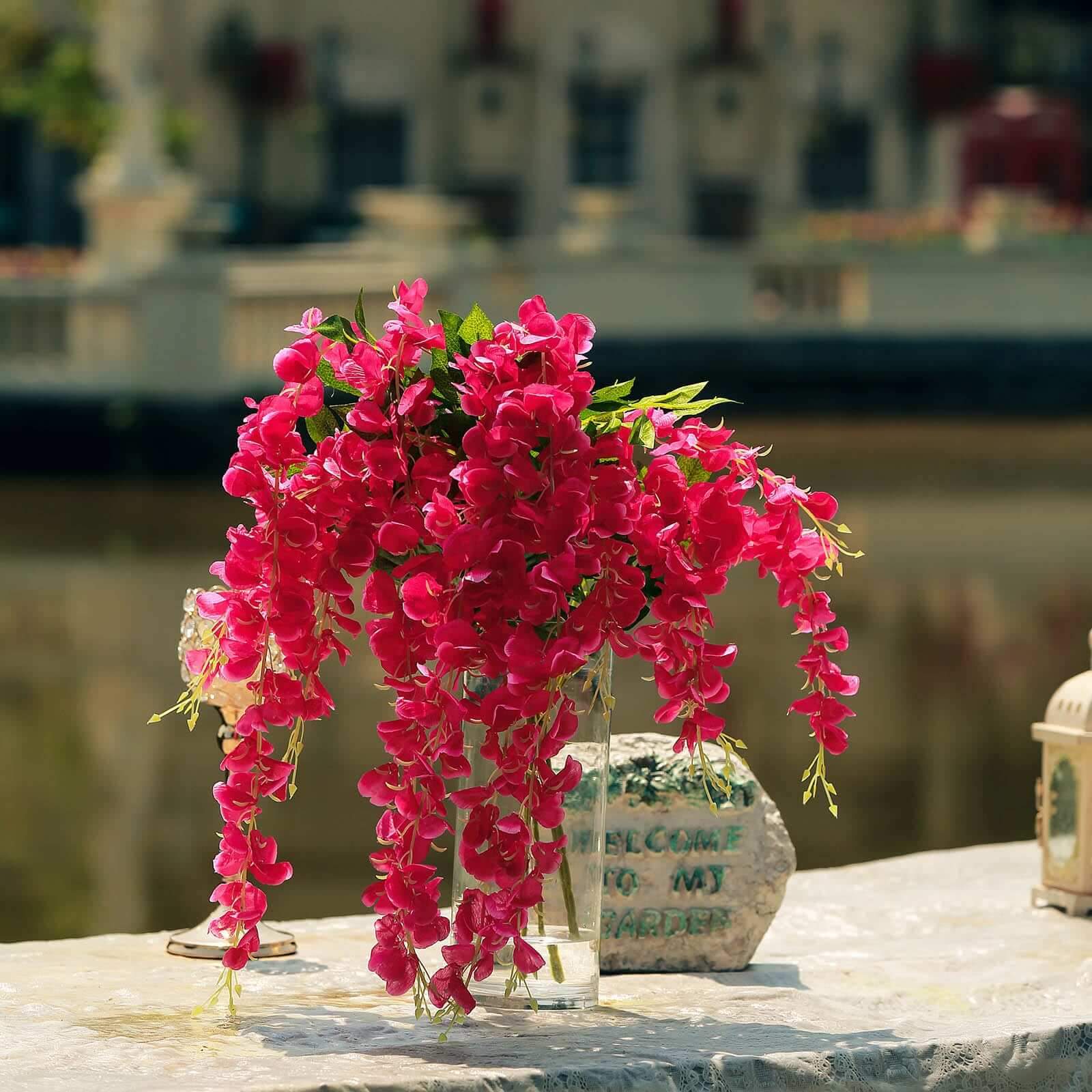 5 Pack 44" Silk Hanging Wisteria Flower Garland Vines in Fuchsia, 3 Strands in 1 Bush