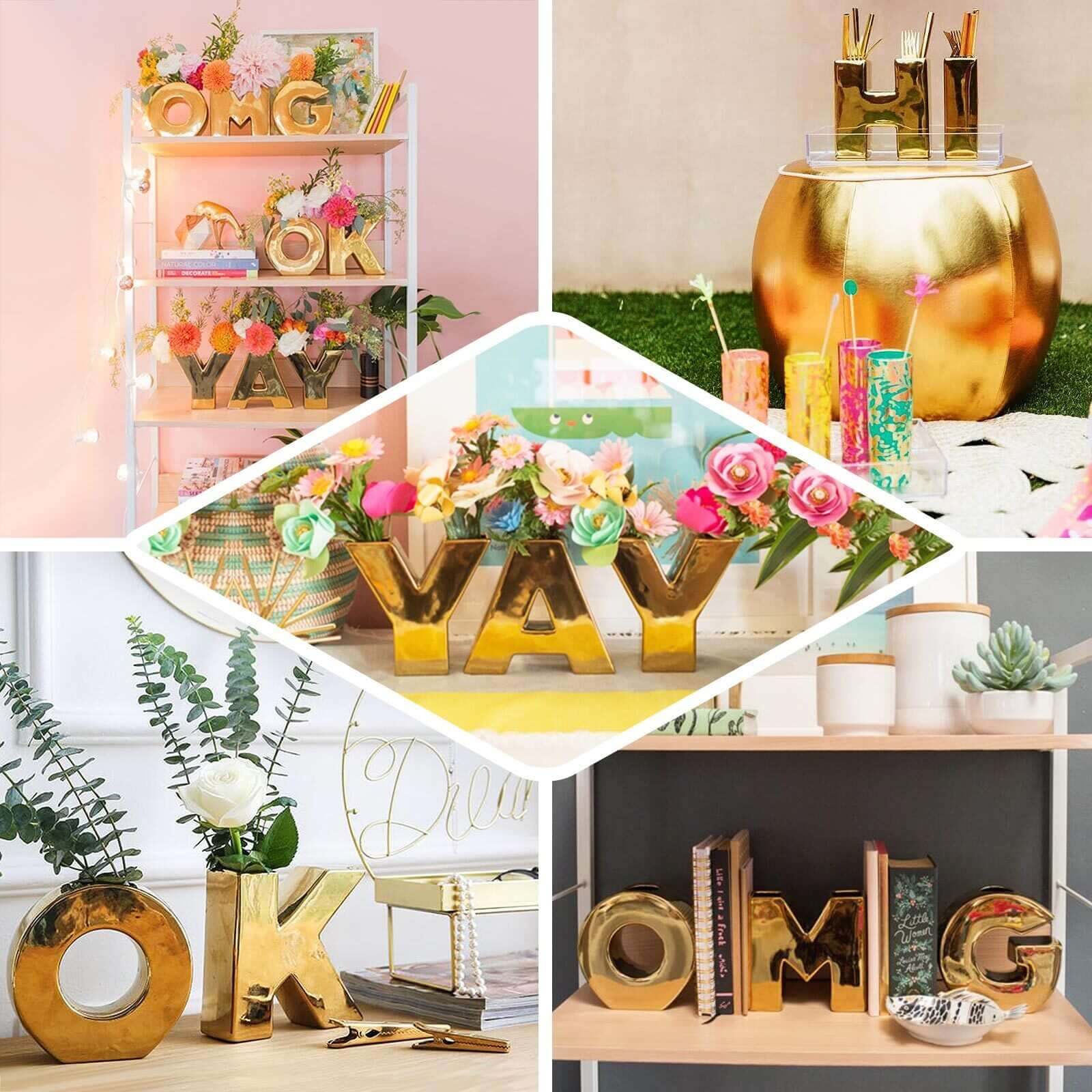Shiny Ceramic Vase Letter "D" Gold Plated - Chic Bud Planter Pot for Events & Decor 6"