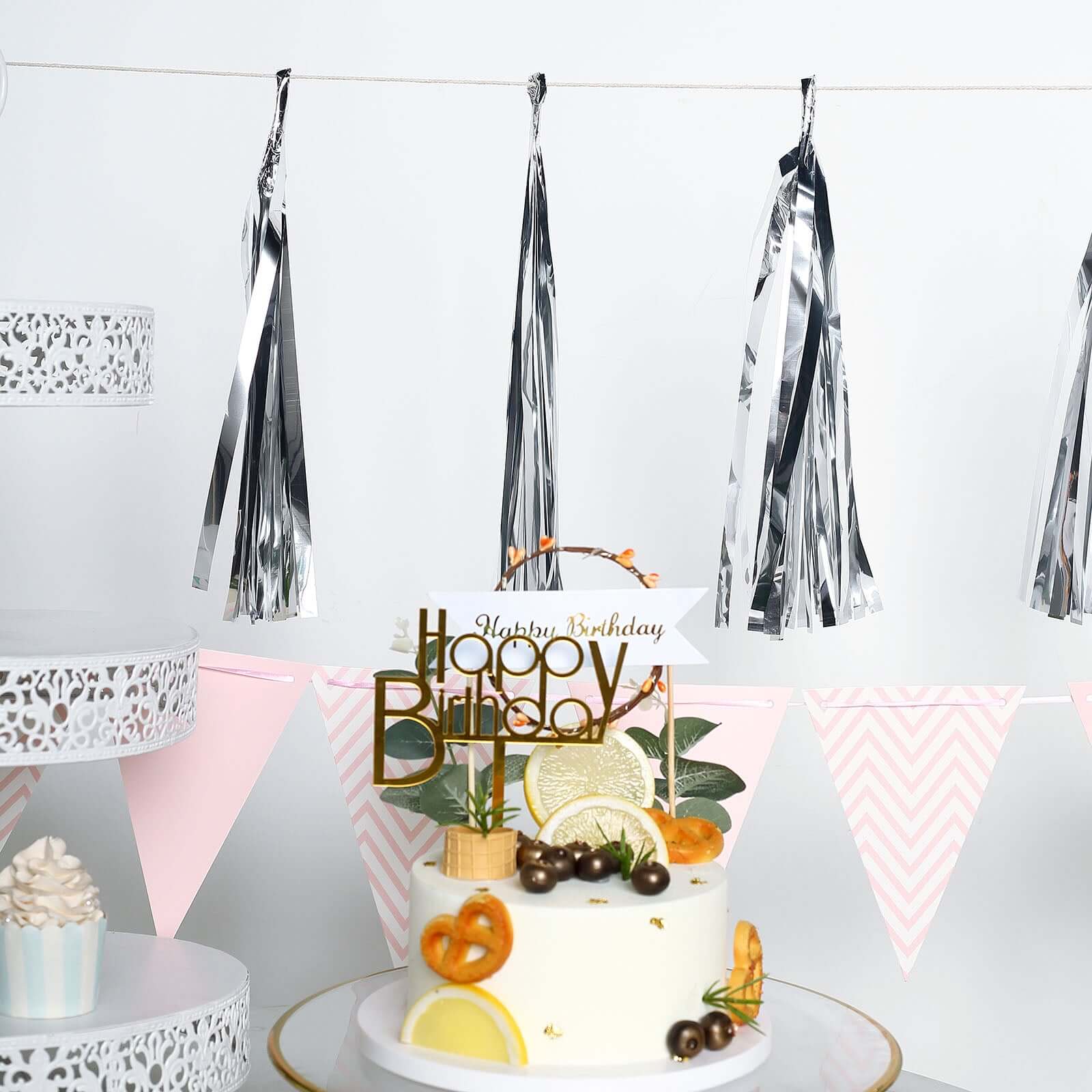 7.5ft Long Metallic Silver Foil Tassels Fringe Garland, Tinsel Streamer Party Backdrop Decorations