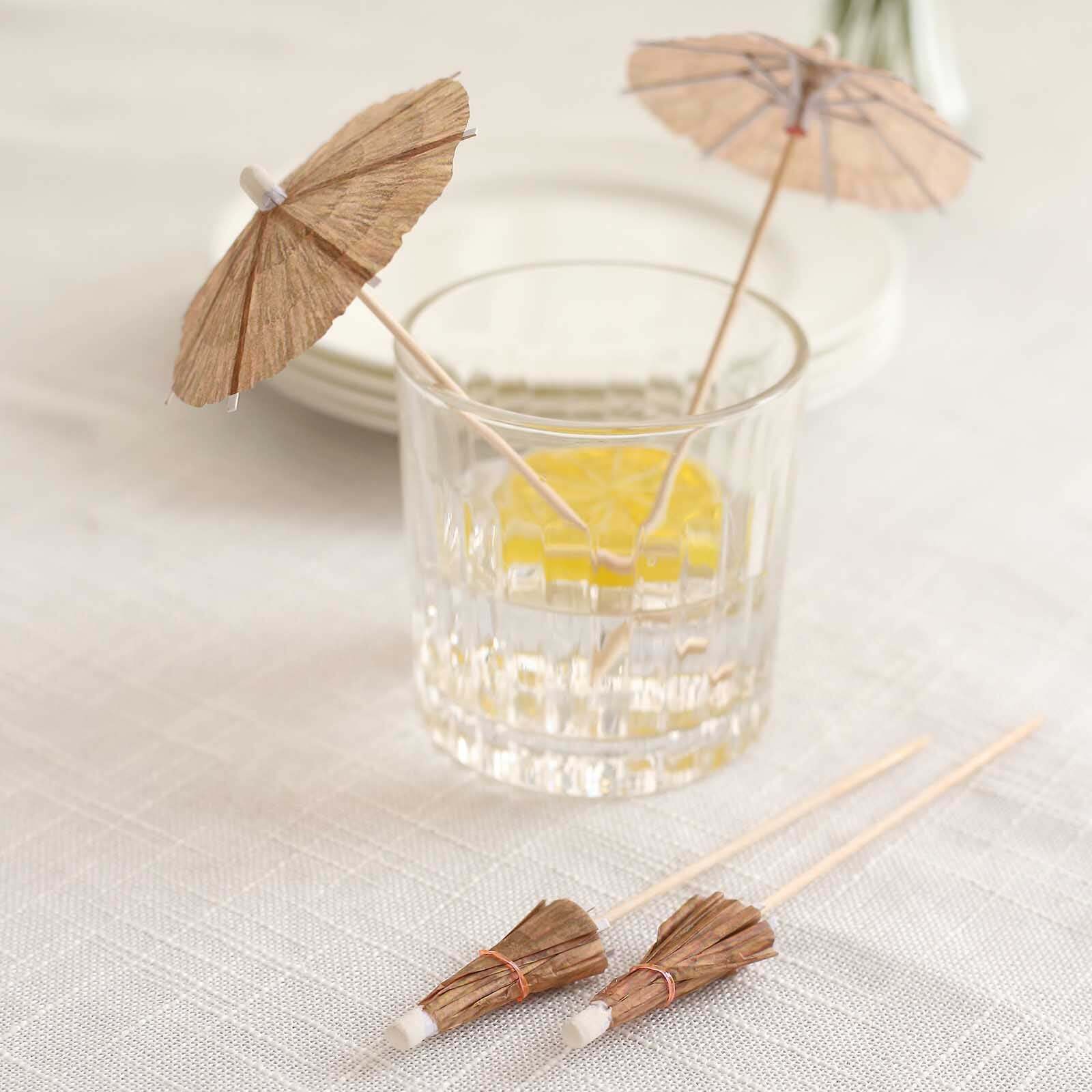 50-Pack Bamboo Cocktail Sticks Tiki Hut Paper Umbrella Design Eco Friendly Natural - Biodegradable Party Picks 6"