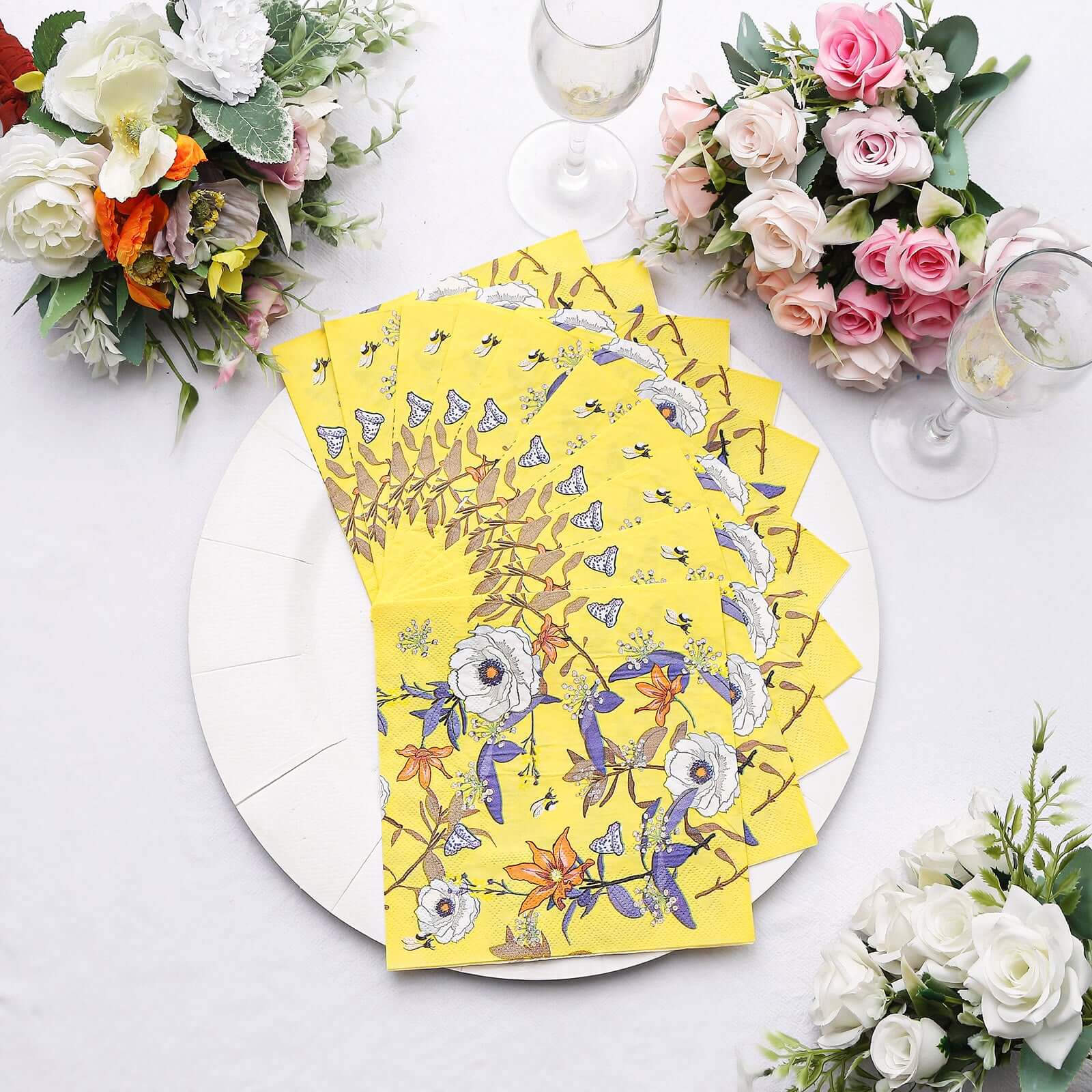 20-Pack Paper Beverage Napkins with Blooming Flowers Design Yellow - 2 Ply Soft 18GSM Floral Wedding Napkins 6.5"x6.5"