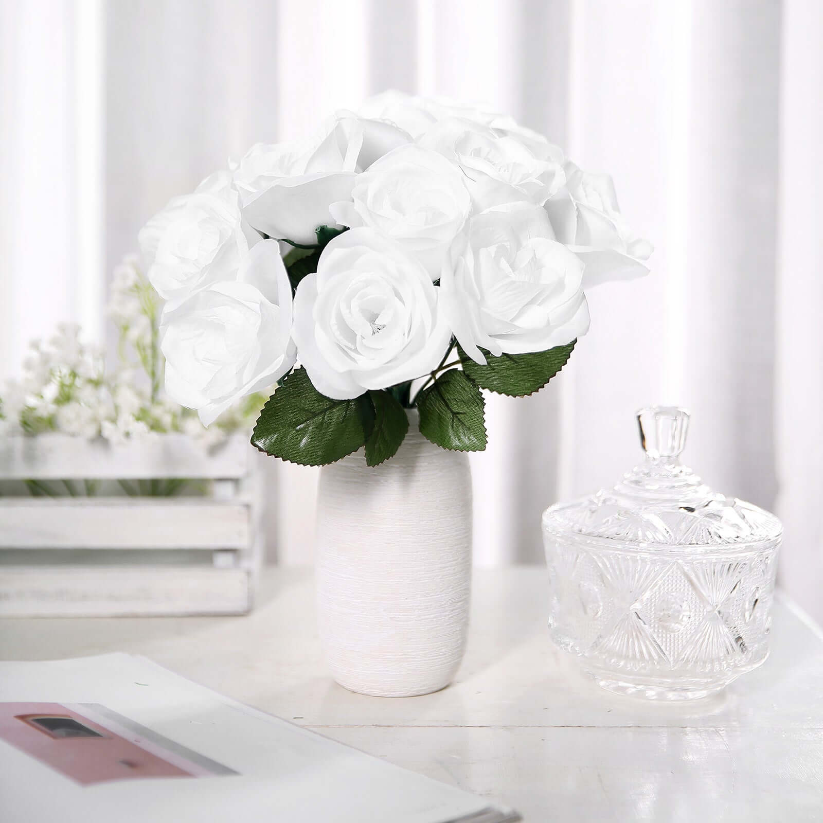 12" White Artificial Velvet-Like Fabric Rose Flower Bouquet Bush