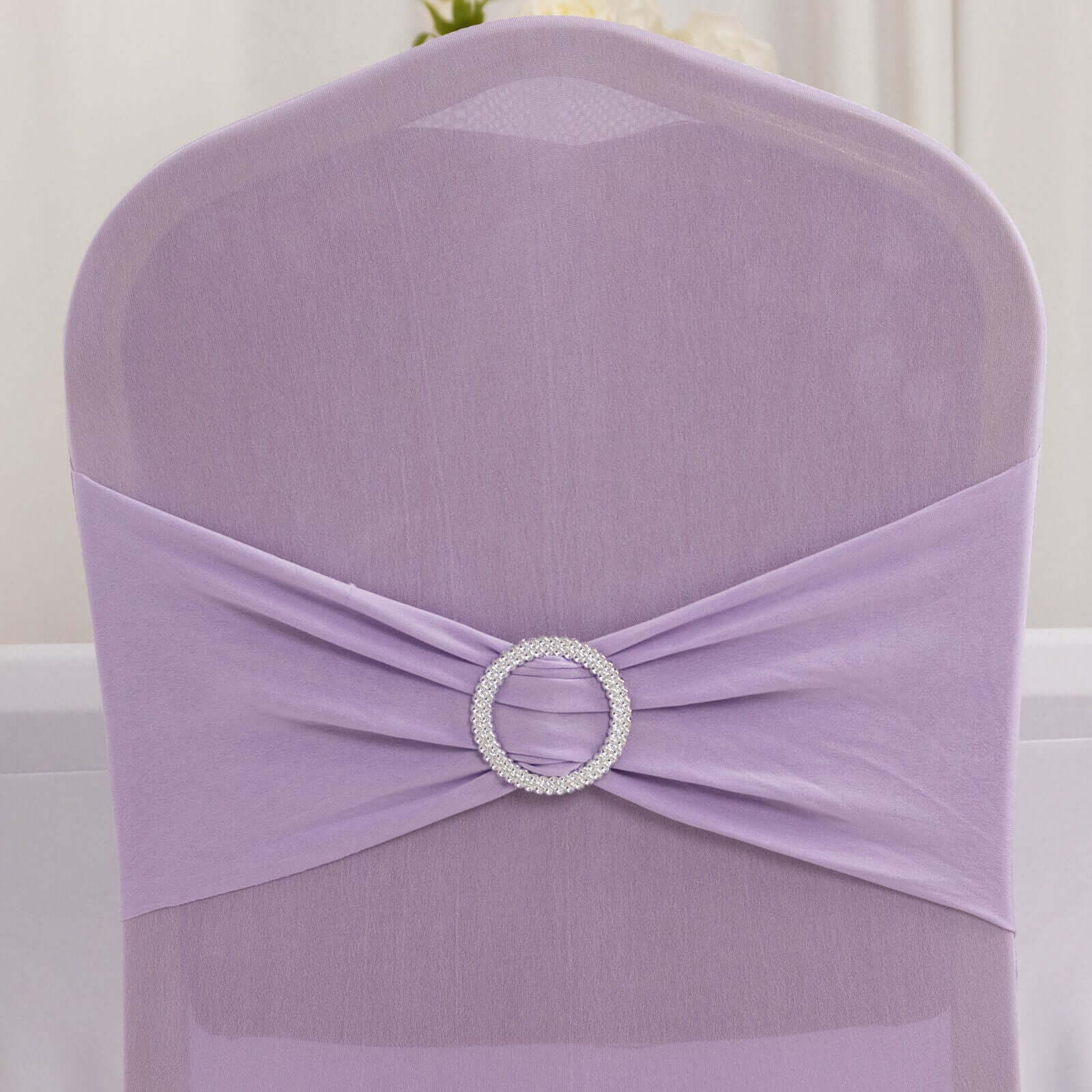 Spandex Chair Cover with Silver Rhinestone Buckled Sash Band Lavender Lilac - Stretch Fitted Slipcover