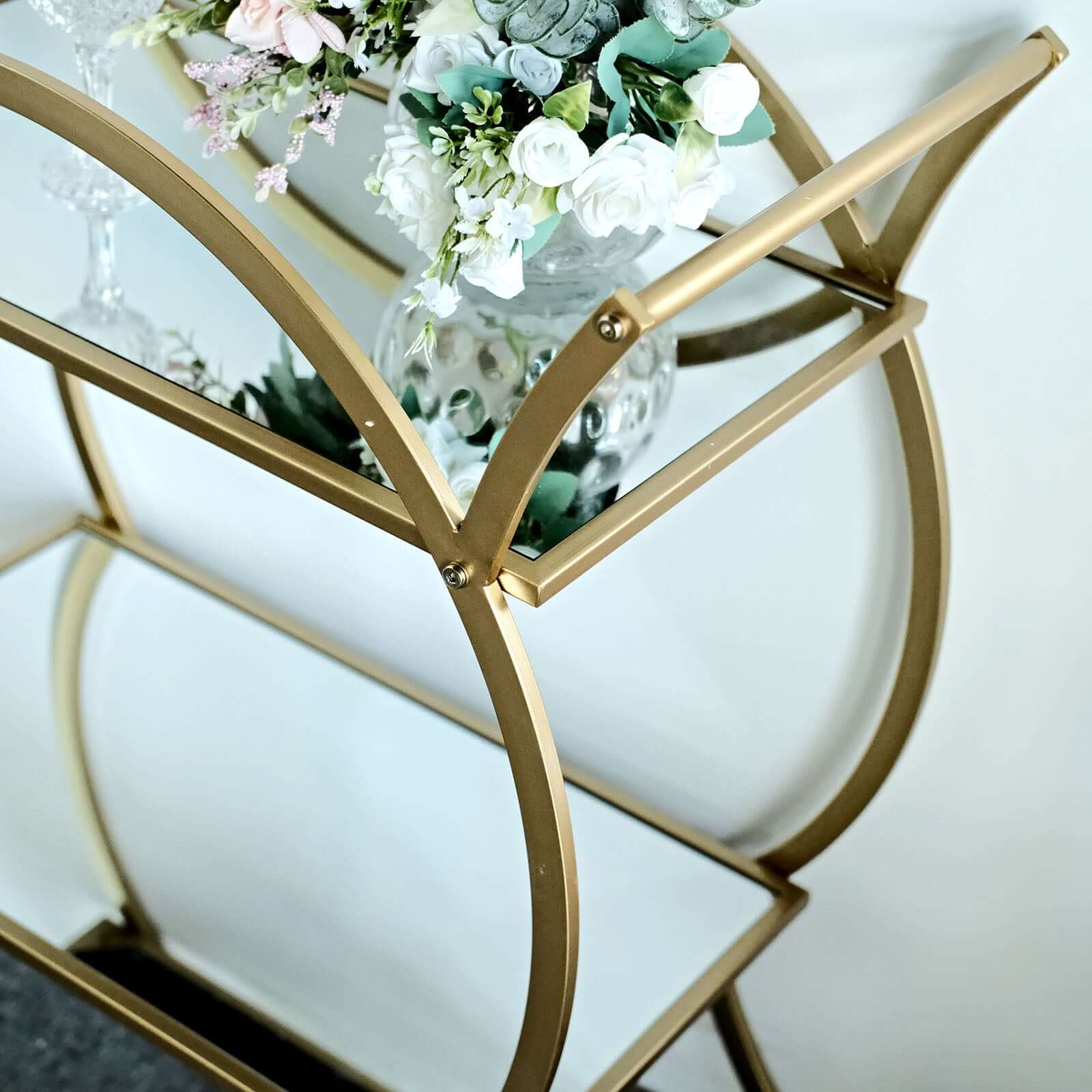 Gold Metal Bar Cart with Mirror Serving Tray 2-Tier - Round Teacart Island Trolley for Events 2.5ft
