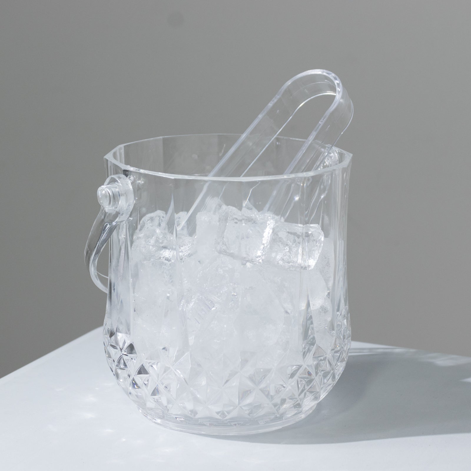 3-Pack Clear Plastic Small Ice Buckets with Handle & Tongs in Crystal-Cut Design 5"x5"